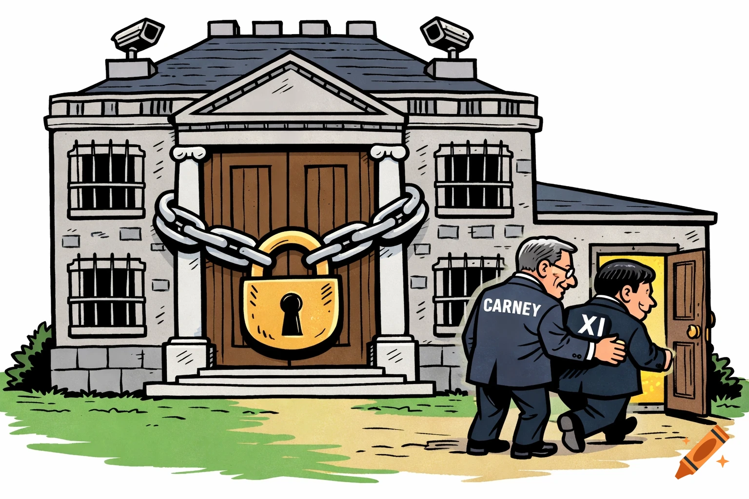 Political cartoon of a house with a padlocked front door. 'Carney' ushers 'Xi' through a small open back door.