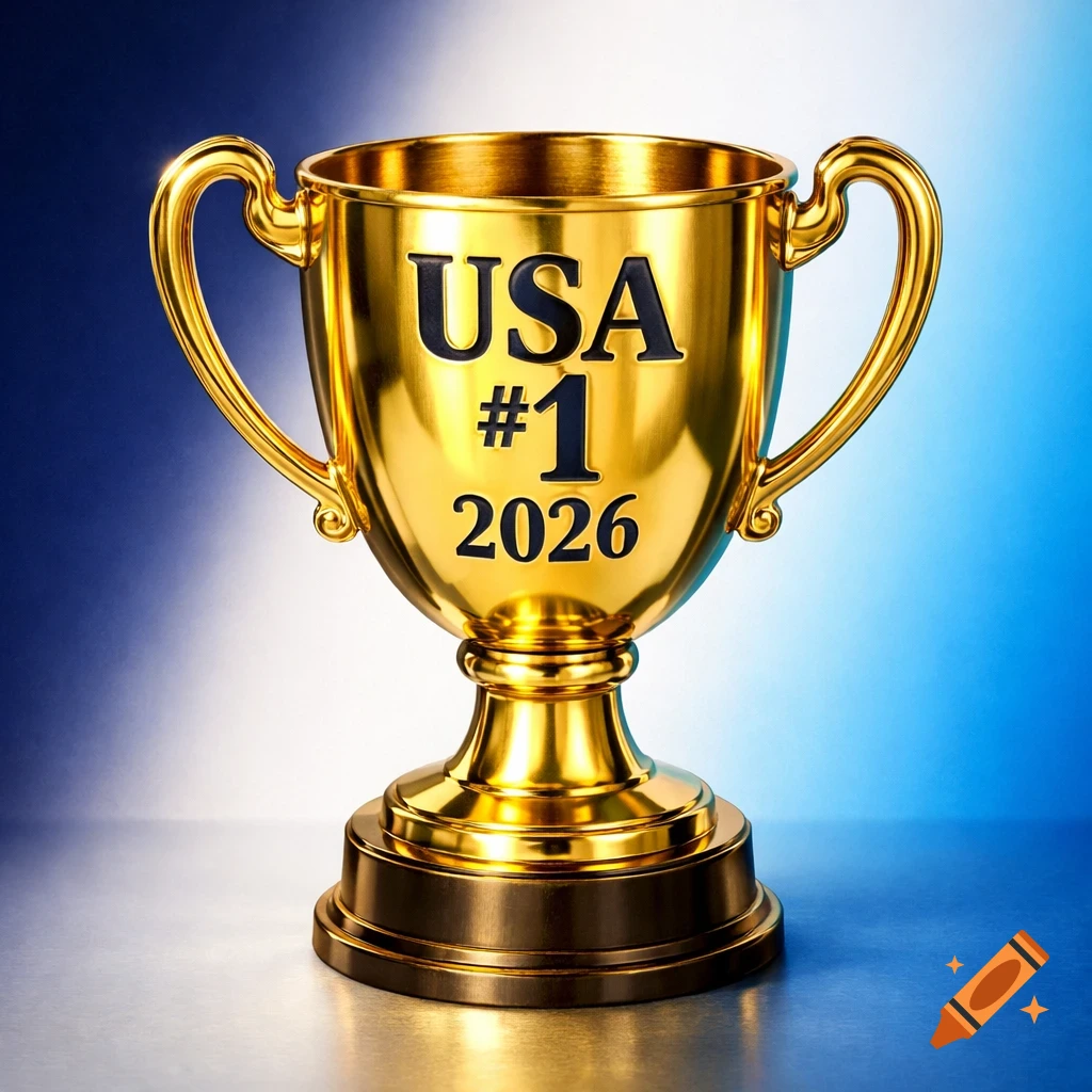 A shiny gold trophy with 'USA #1 2026' engraved on it, against a blue and white gradient background.