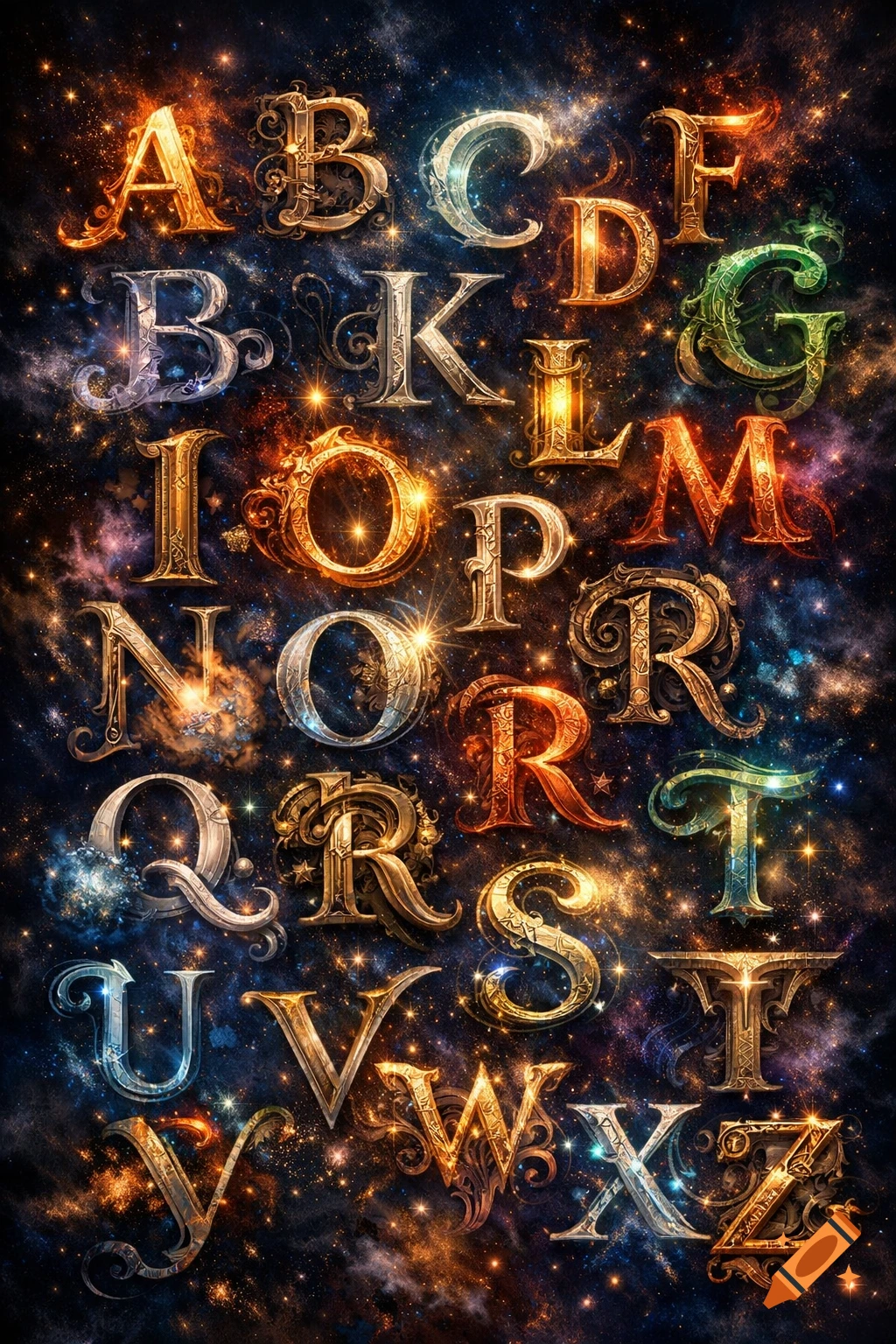 Ornate, glowing metallic letters of the alphabet from A to Z against a vibrant starry cosmic background.