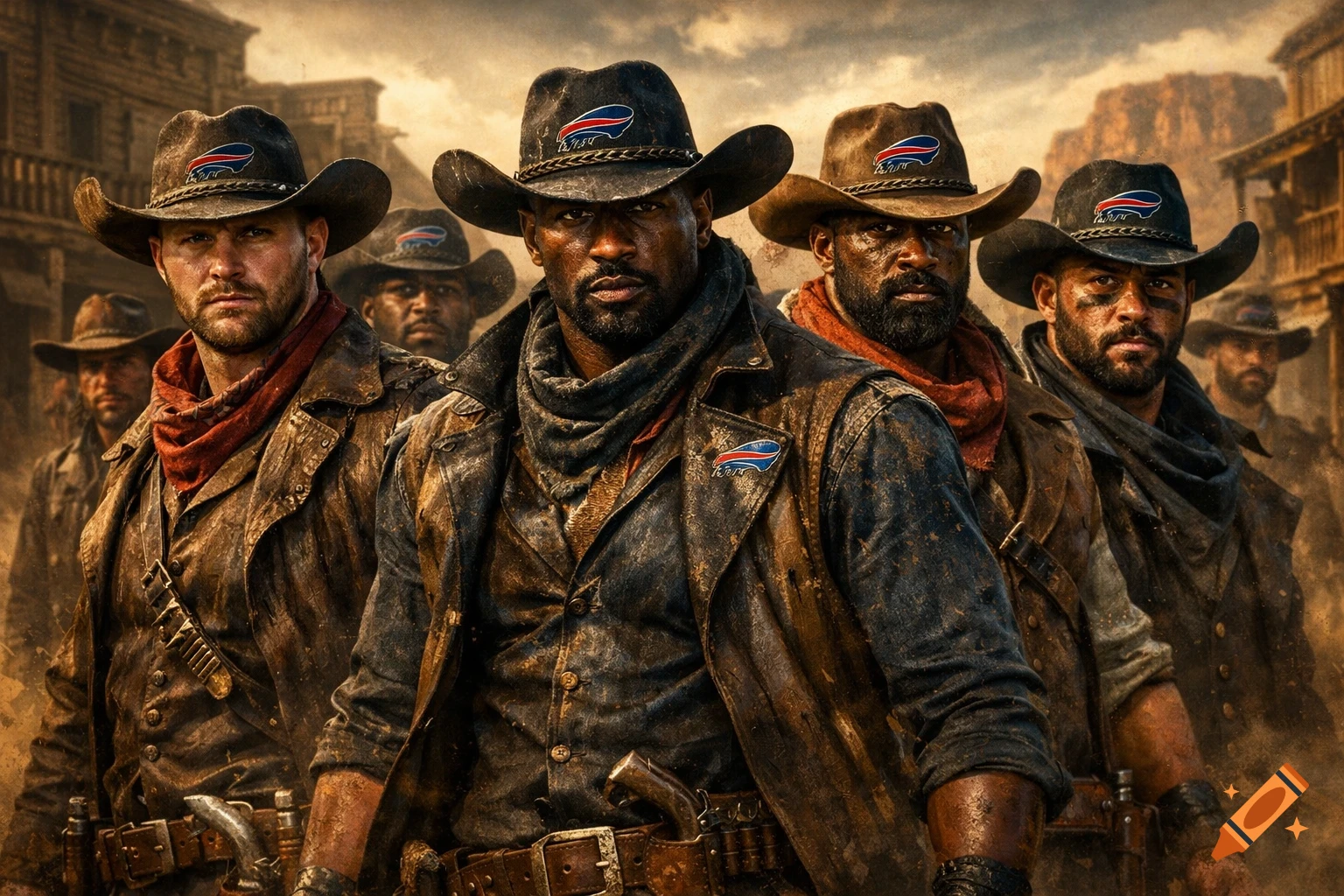 Intense men in dirty cowboy gear with Buffalo Bills logos on their hats, standing in a dusty Old West town street.