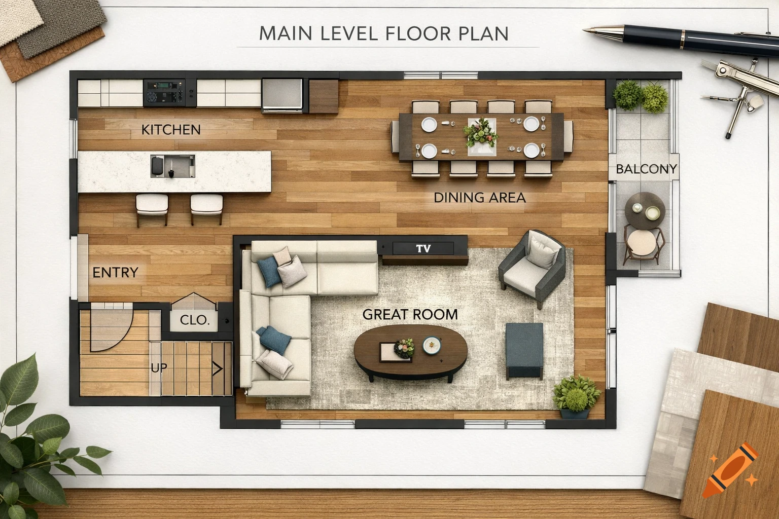Top-down floor plan of a modern townhome's main level, featuring kitchen, dining, great room, balcony, and clear labels.
