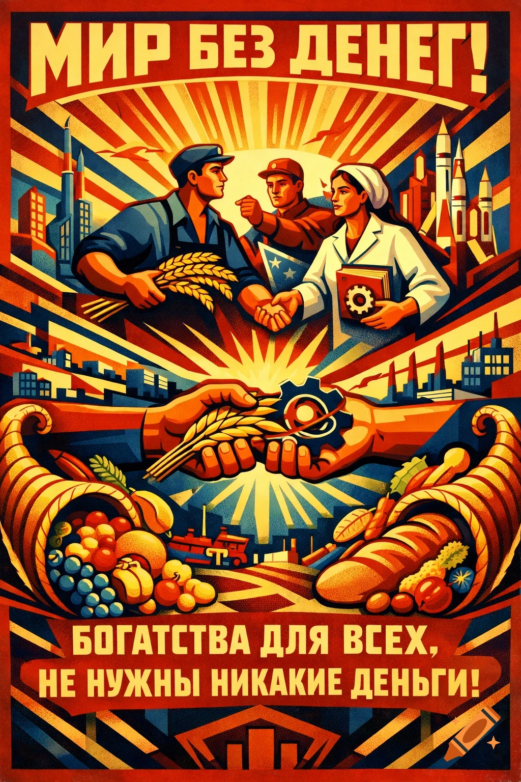 Soviet-style propaganda poster depicting workers, agriculture, and industry. Text: "World without money! Wealth for all, no money needed!"