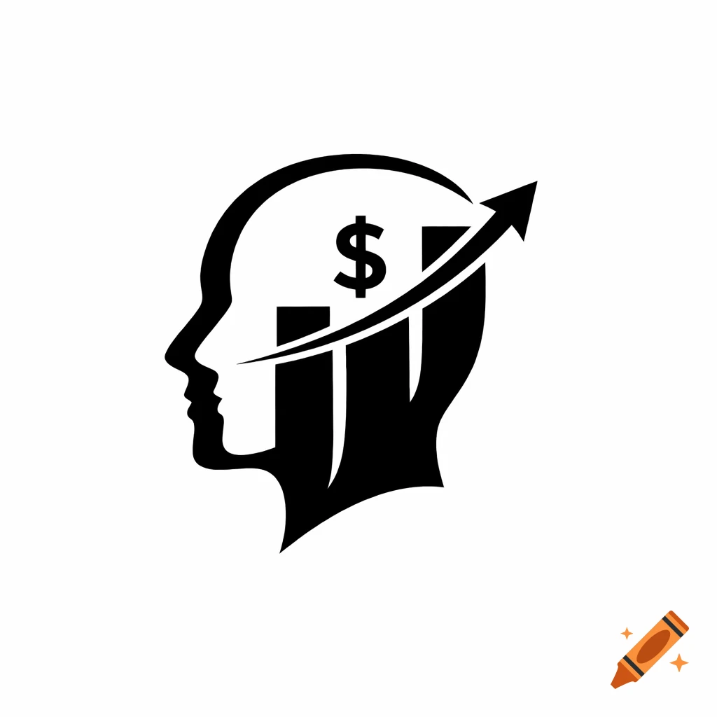 Black and white minimalist logo of a human head silhouette with a dollar sign, rising bar graph, and upward arrow inside, symbolizing financial growth.