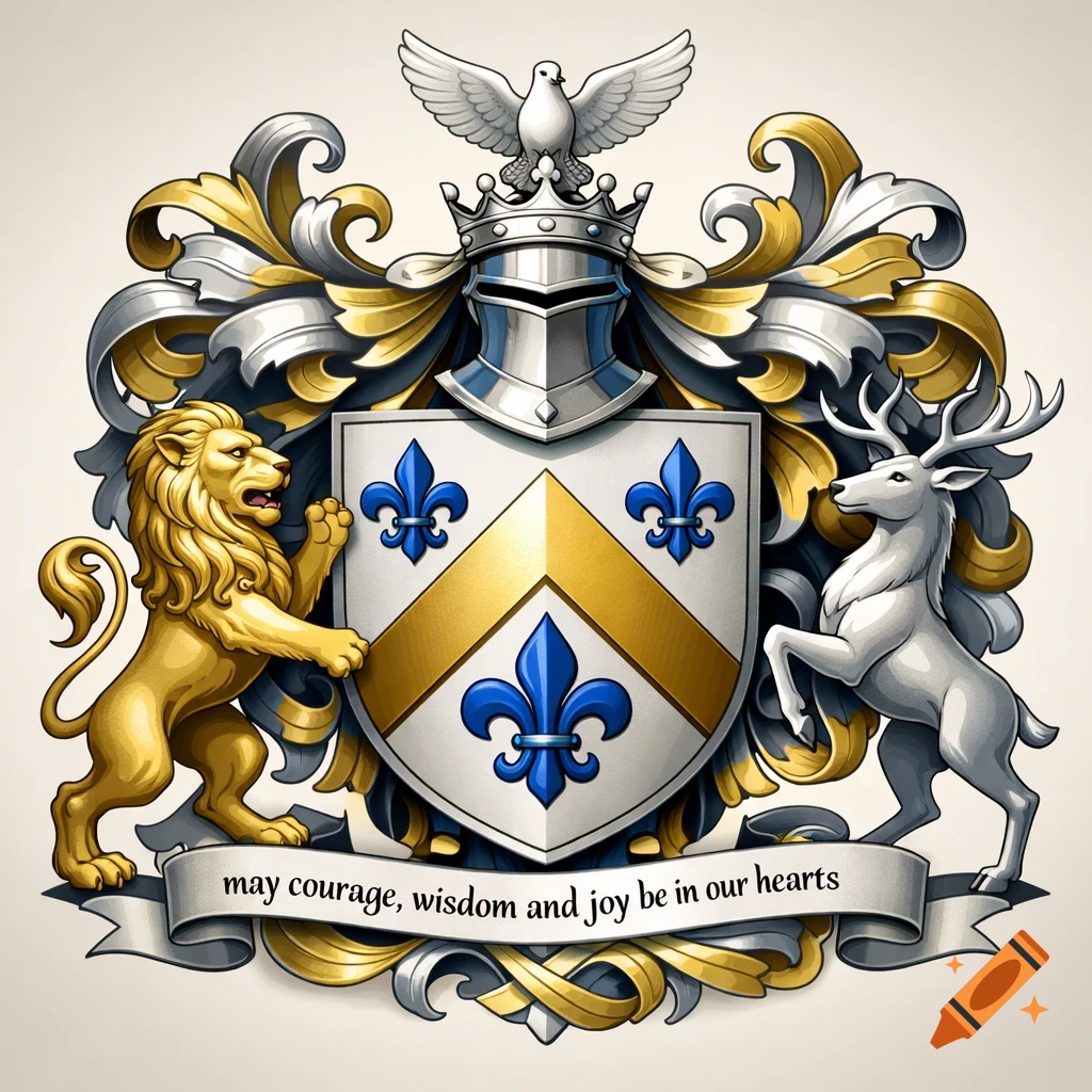 Detailed heraldic coat of arms with a golden lion and silver stag supporting a shield, featuring a gold chevron and blue fleur de lis. A silver helmet, crown, and dove are above, with a banner below reading 'may courage, wisdom and joy be in our hearts'.