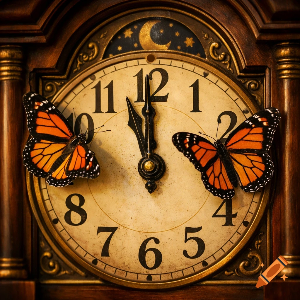 Two monarch butterflies sit on the ornate face of an antique wooden clock, which shows the time as 11:59.