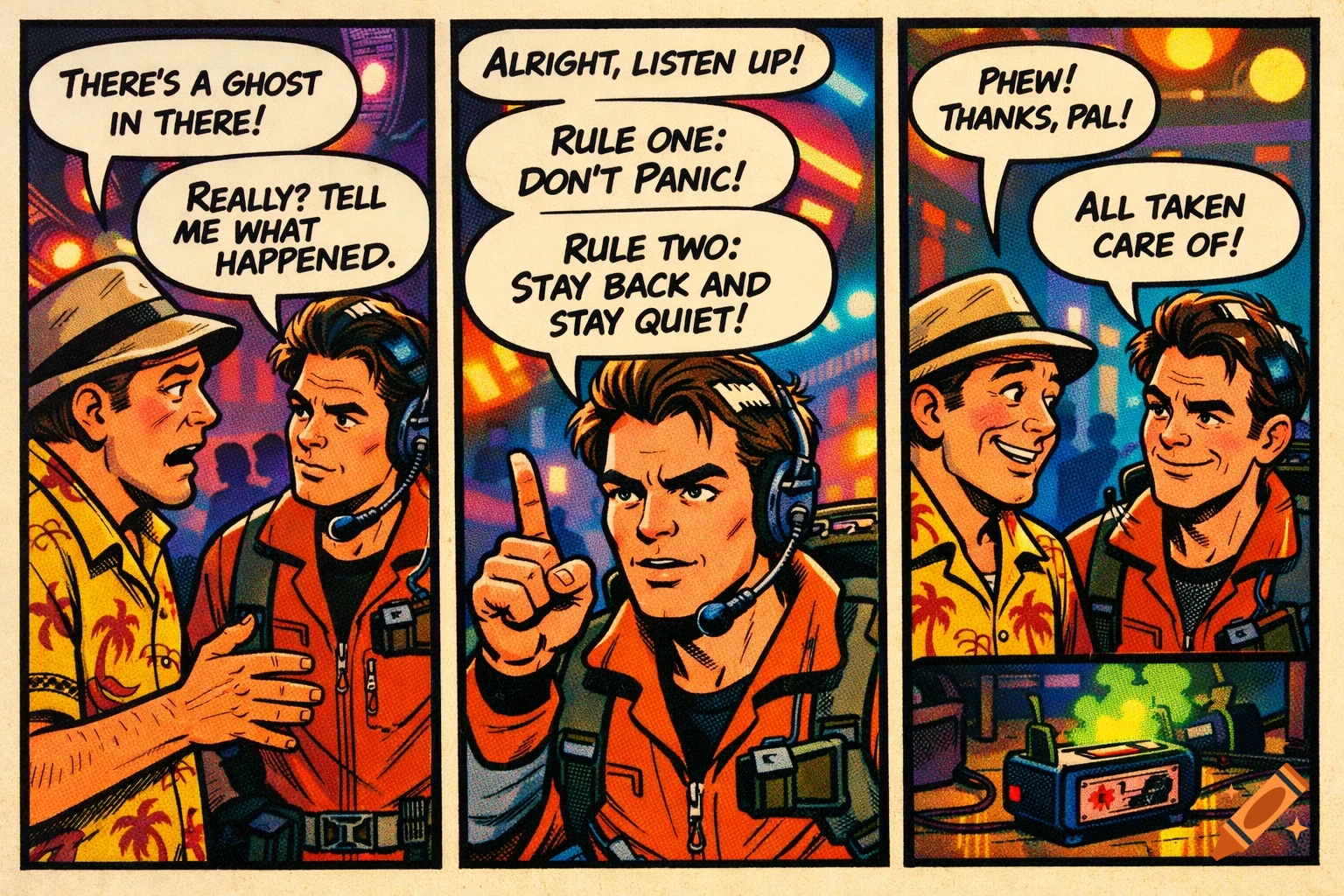 A three-panel retro comic strip shows a tourist reporting a ghost to a ghost hunter, who then gives instructions and resolves the situation.