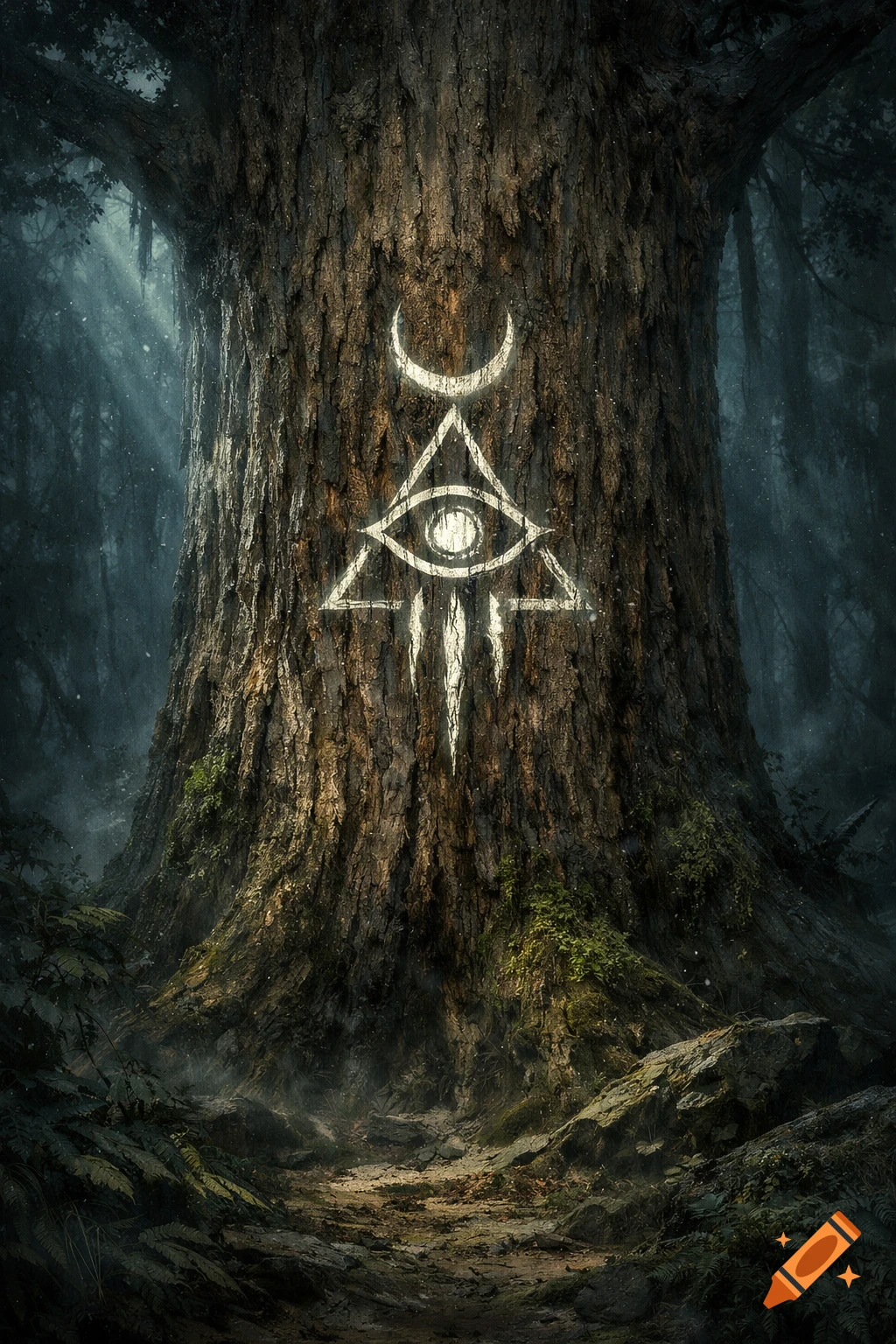 A glowing white mystical symbol of an eye in a triangle with a crescent moon above, carved into a large, textured tree trunk in a dark, atmospheric forest.
