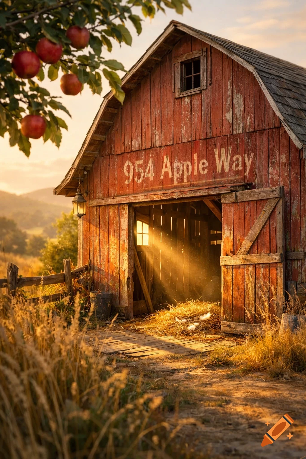 Photorealistic image of a weathered red barn with "954 Apple Way" painted on it, an apple tree, and sunlit fields.
