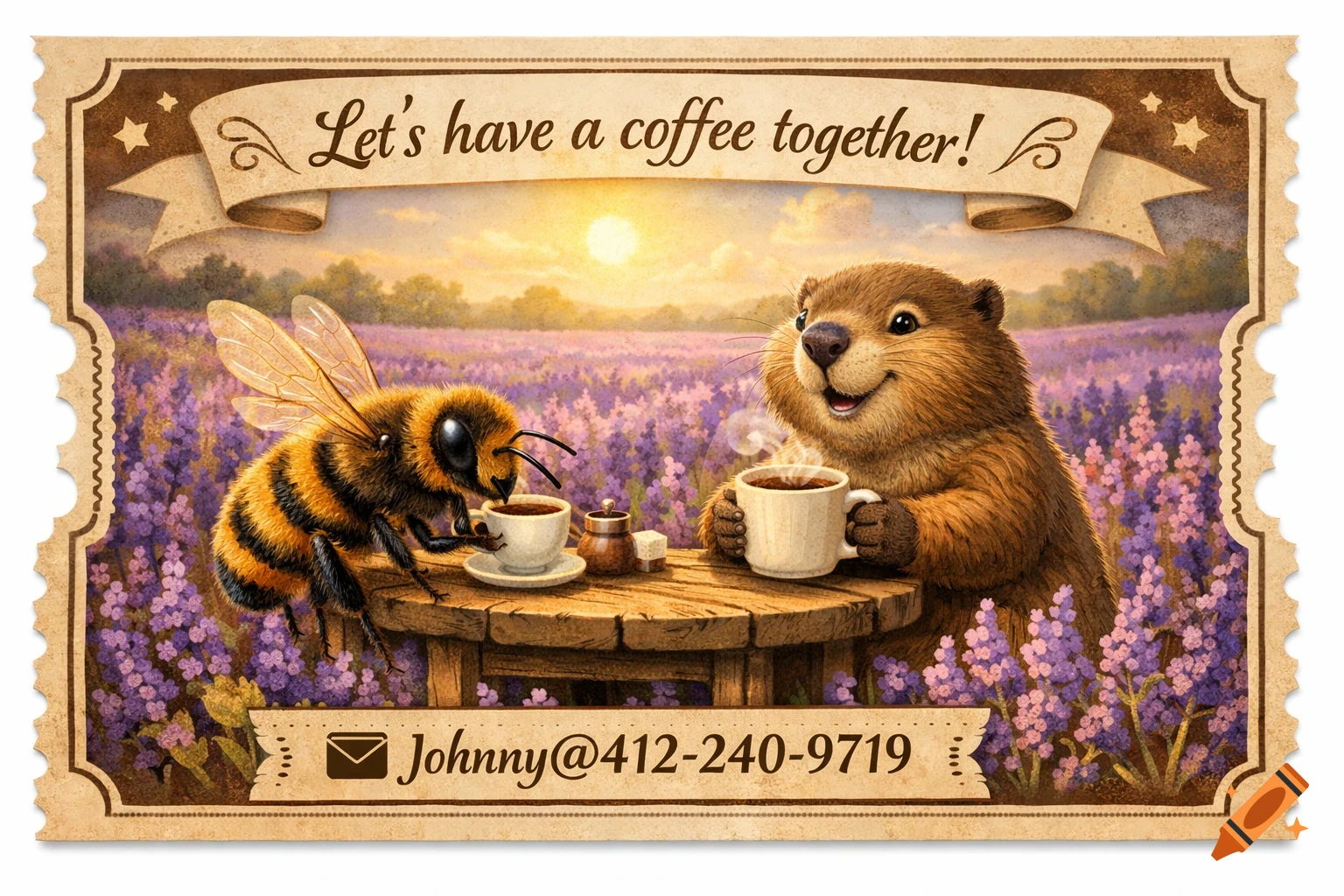 Cartoon bee and groundhog drink coffee in a lavender field, illustrated as a vintage invitation ticket with 'Let's have a coffee together!' text.