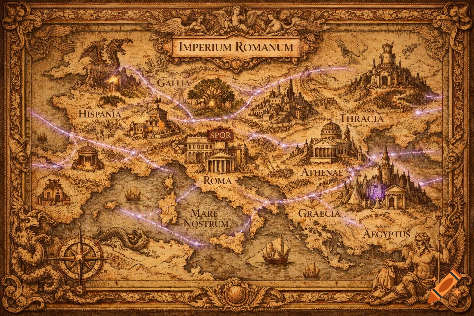An ornate, antique-style fantasy map of the Roman Empire, featuring glowing purple routes, mythical creatures, and detailed cities.