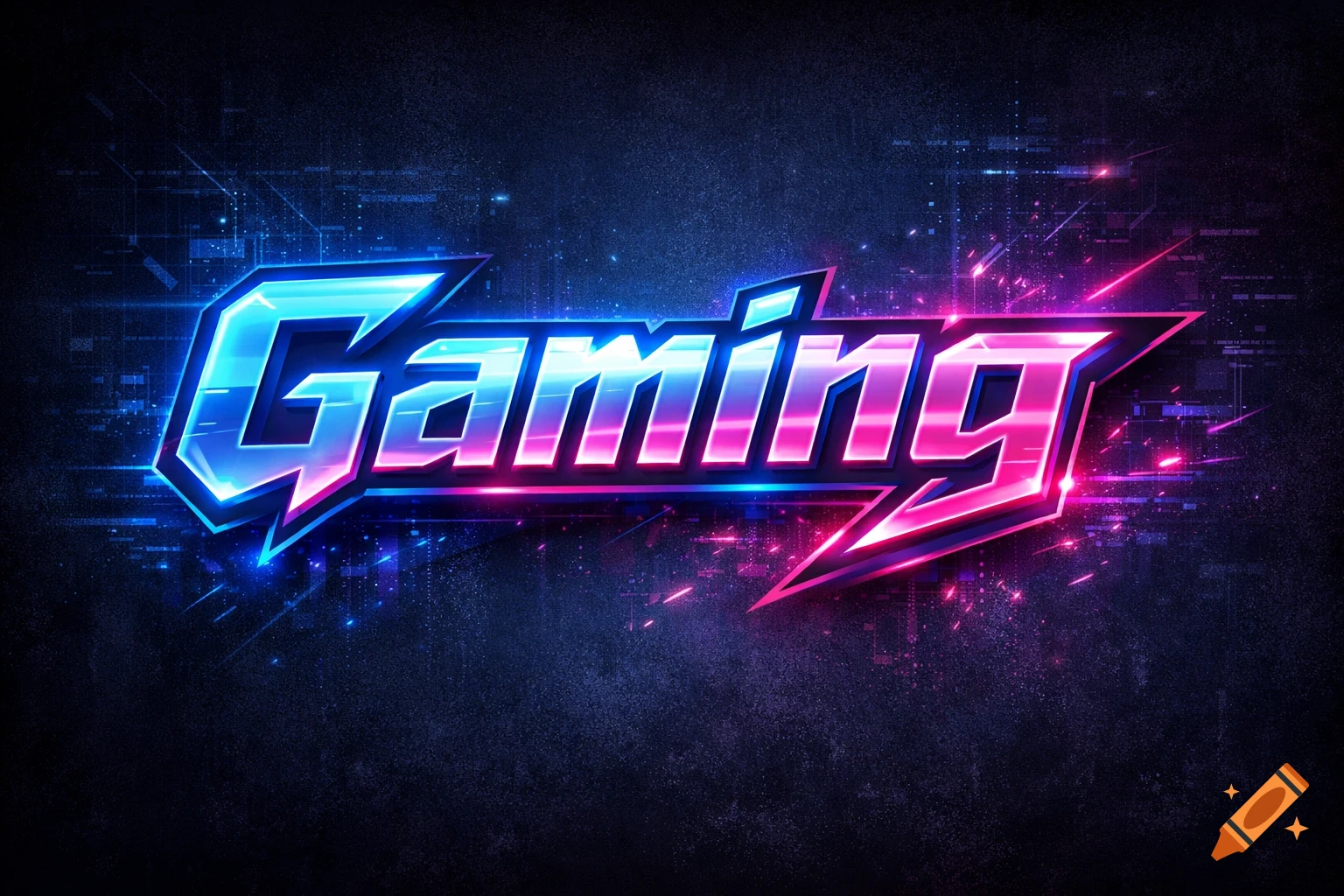 Neon blue and pink stylized 'Gaming' text with a futuristic glow and abstract lines on a dark, textured background.