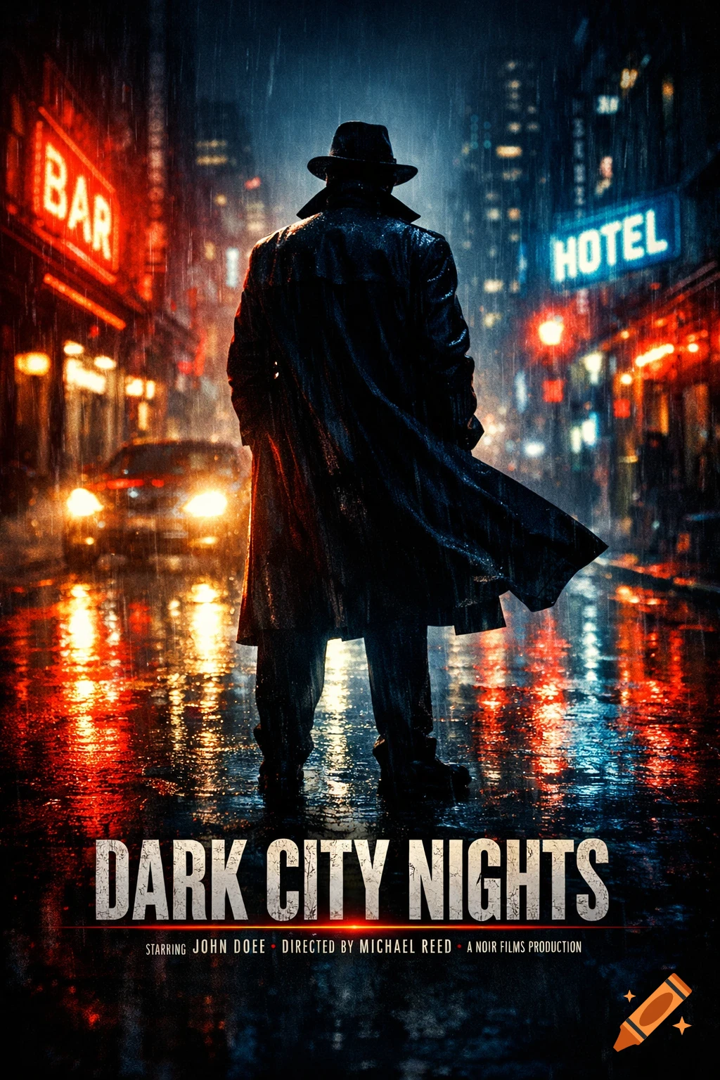 A man in a trench coat and fedora stands on a wet, neon-lit city street at night, featured on a movie poster titled "DARK CITY NIGHTS".