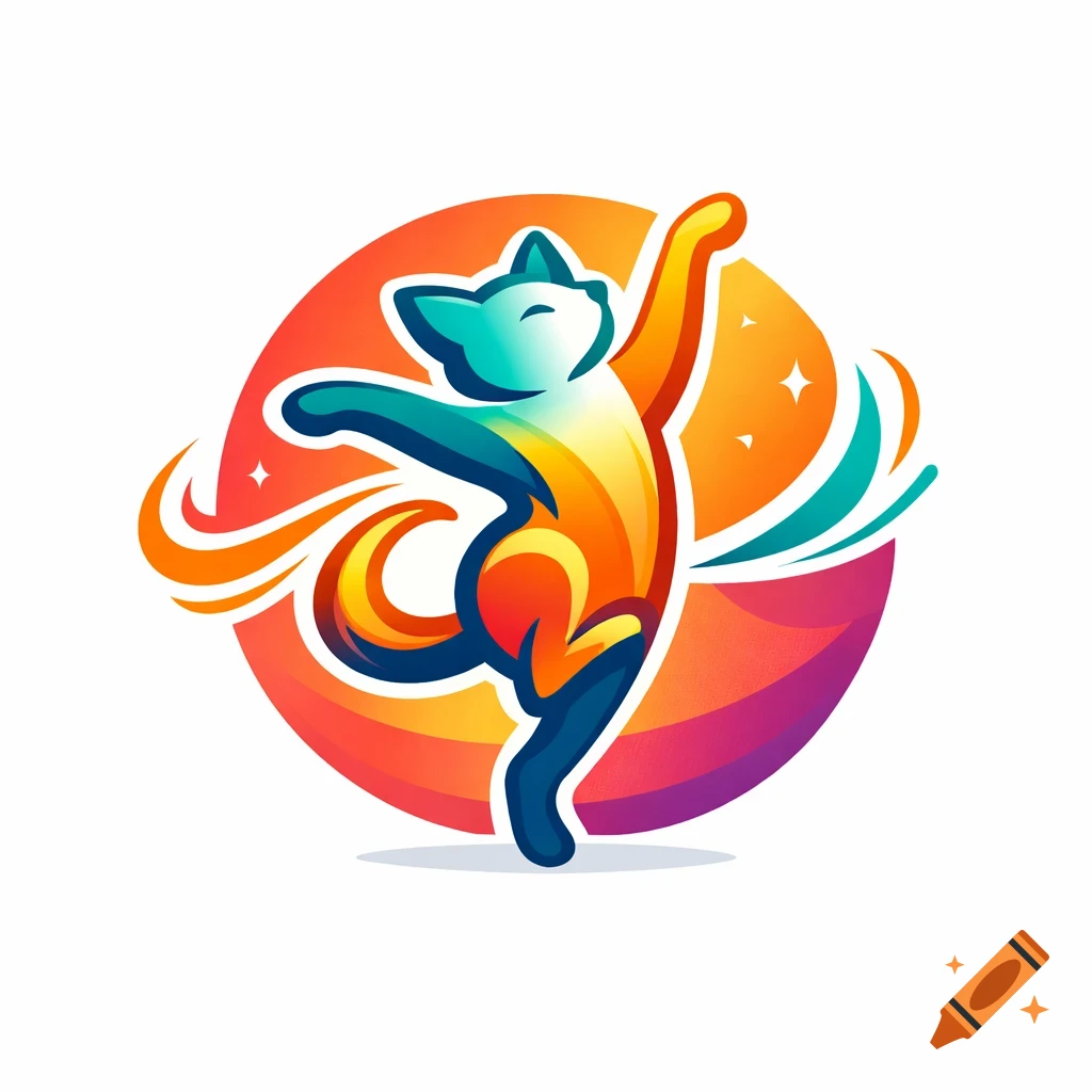A vibrant, stylized logo of a dancing cat with its arms outstretched, set against an orange and purple circular background with stars and swirls.