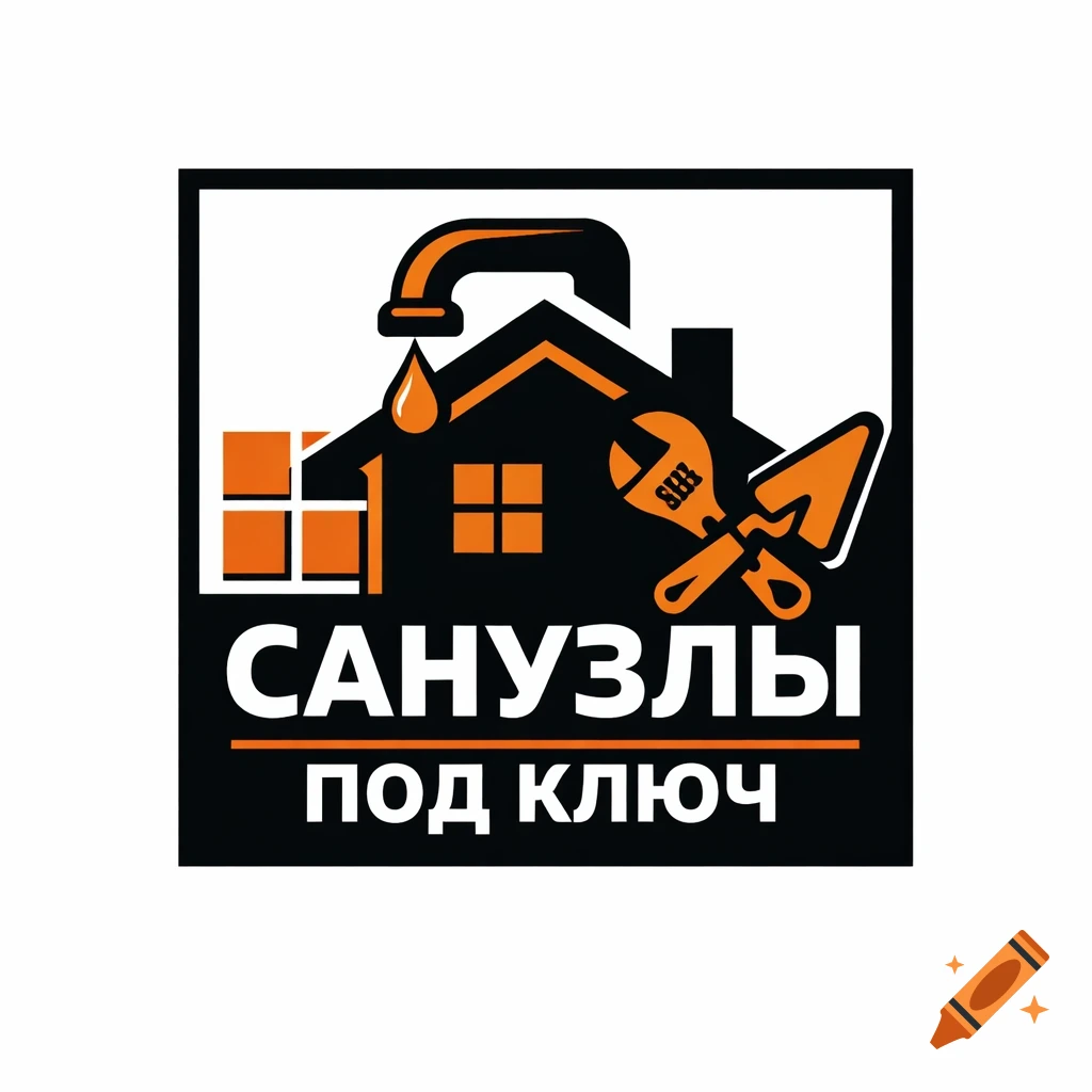 A black and orange logo featuring a house silhouette with a faucet, a dripping water drop, a wrench, and a trowel, with the text "Санузлы под ключ" (Turnkey bathrooms).