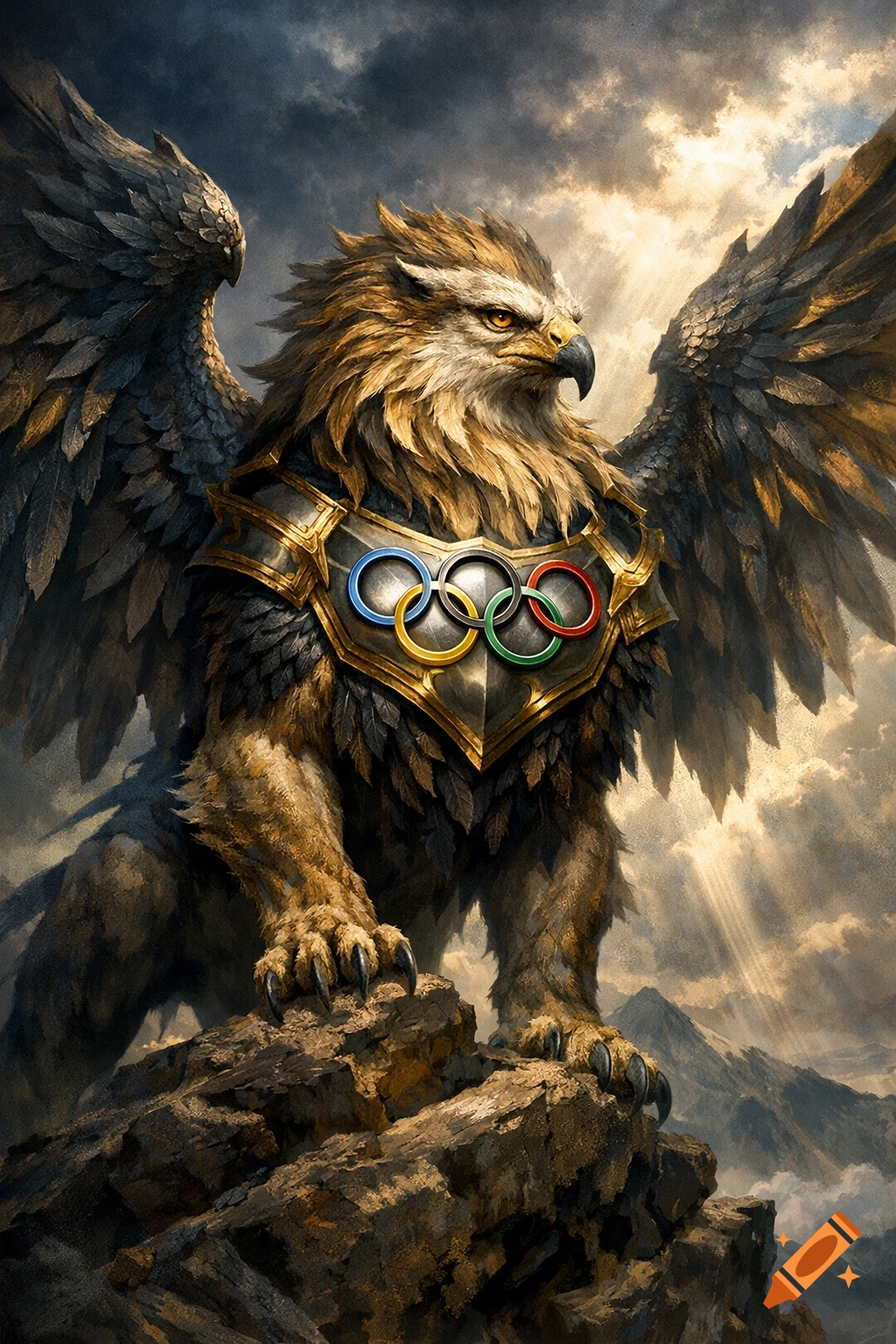 A majestic griffin wearing golden armor adorned with the Olympic rings, perched on a rocky mountain peak under a dramatic sky with sun rays.
