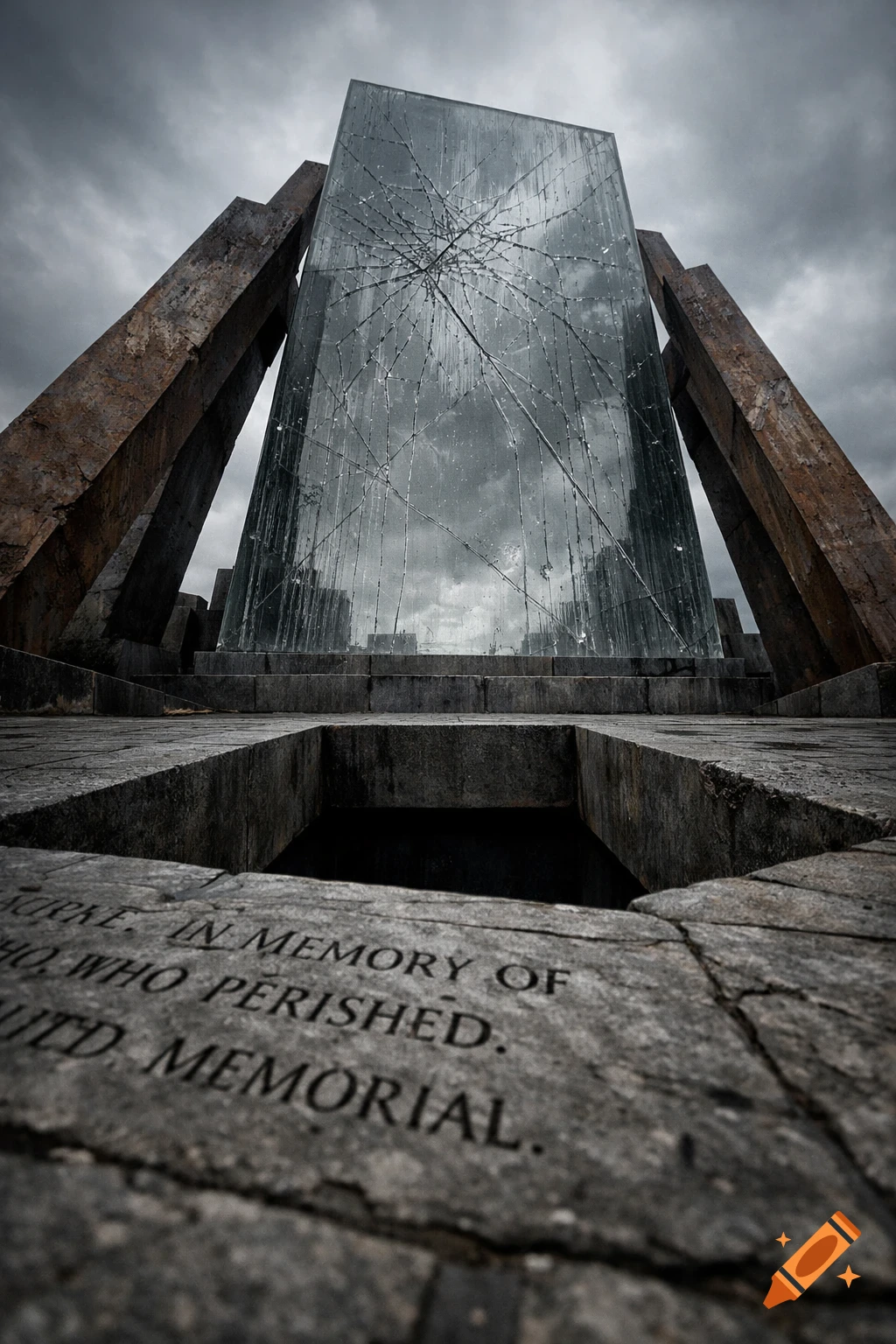 Low angle view of a cracked glass memorial monument with stone supports and engraved text on the ground under an overcast sky.
