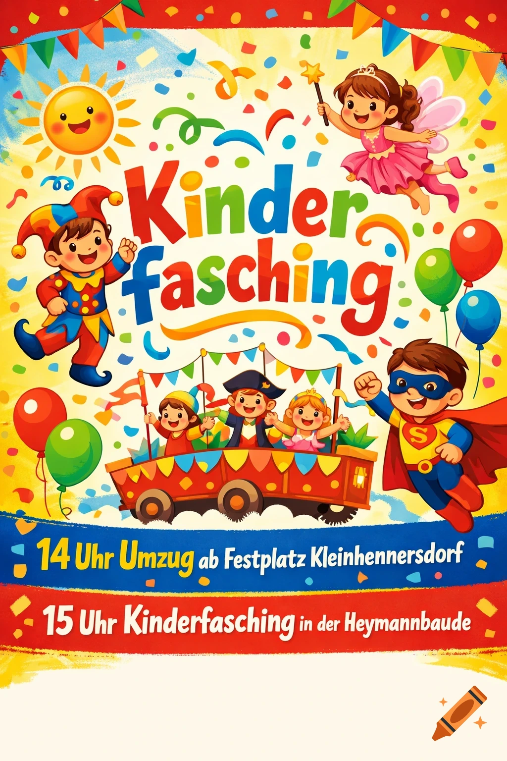 Colorful cartoon poster for a children's carnival, featuring kids in various costumes, balloons, and confetti.