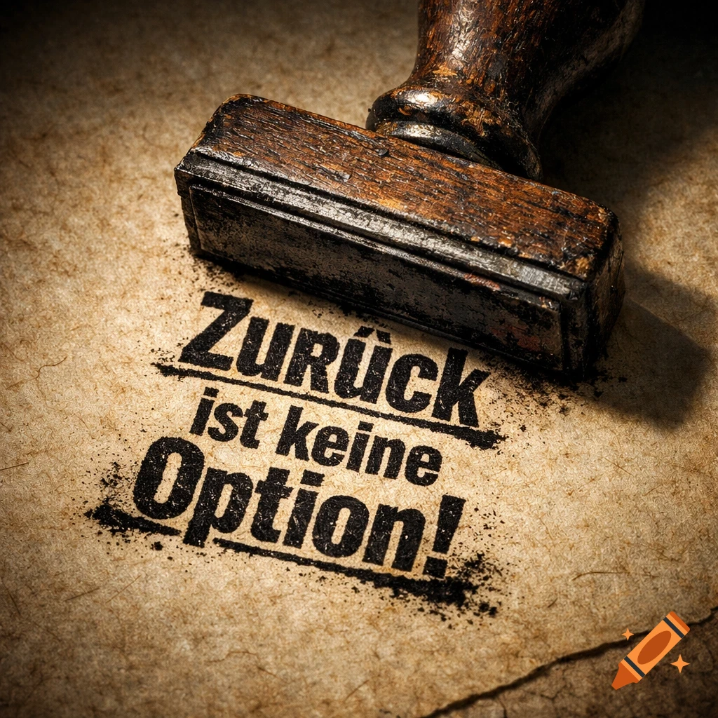 Vintage wooden stamp pressing 'Zurück ist keine Option!' onto textured brown paper, with ink specks.