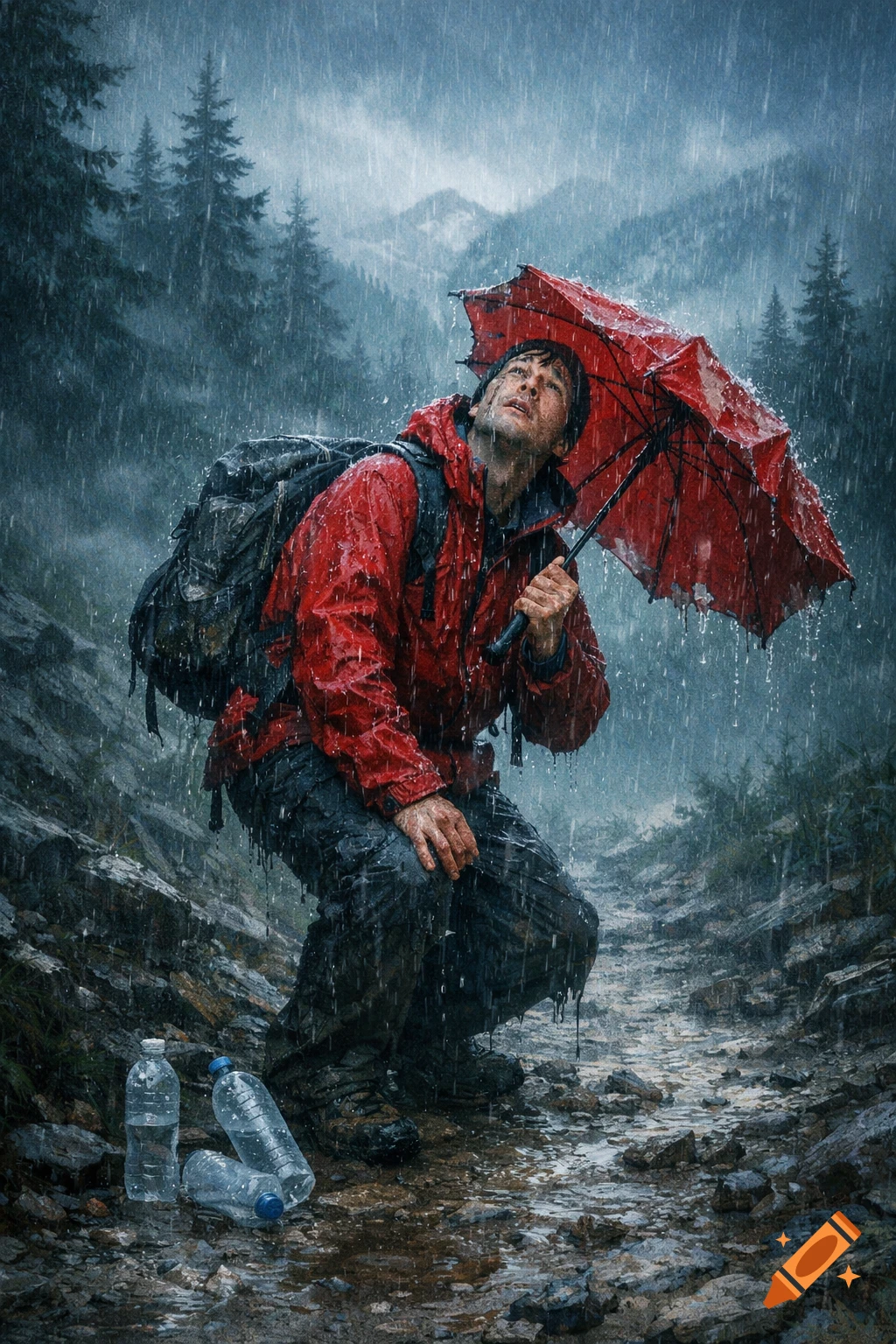 A male hiker in a red jacket, holding a red umbrella, looks up at the heavy rain in a rocky, forested mountain path. Photorealistic style.