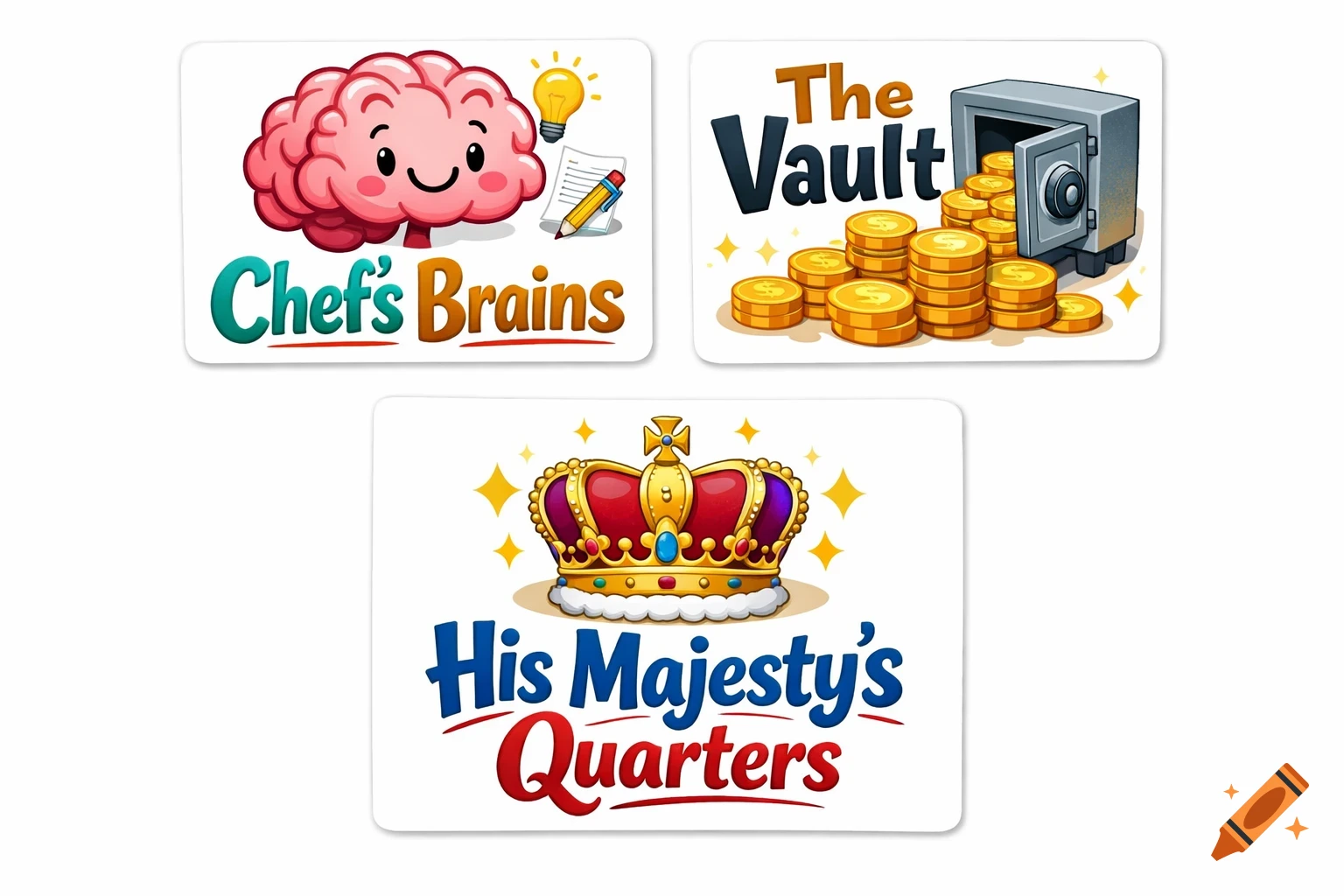 Three cartoonish moving labels: a brain with 'Chef's Brains', a vault with gold coins labeled 'The Vault', and a crown with 'His Majesty's Quarters'.