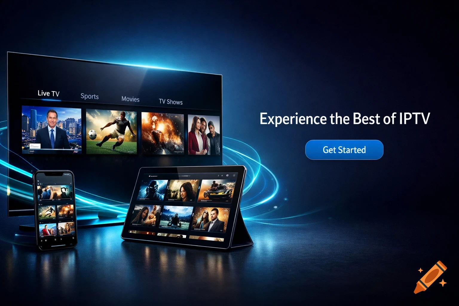 A smart TV, smartphone, and tablet display various media content like news, sports, movies, and TV shows, with a glowing blue background, advertising IPTV.