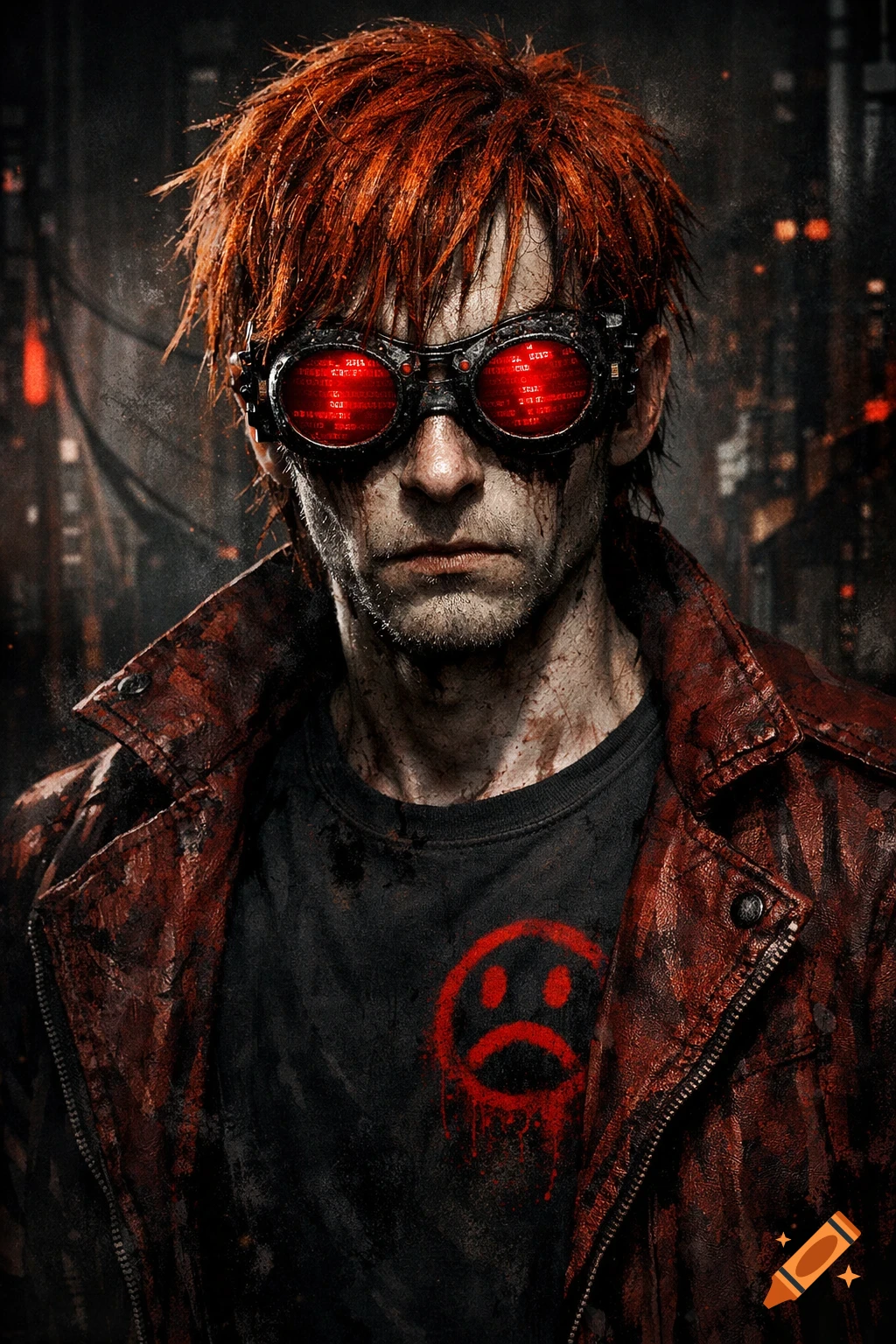 Close-up portrait of a man with spiky red hair, red glowing goggles with code, a distressed red leather jacket, and a red sad face graffiti on his black t-shirt, against a dark, gritty background in a cyberpunk style.