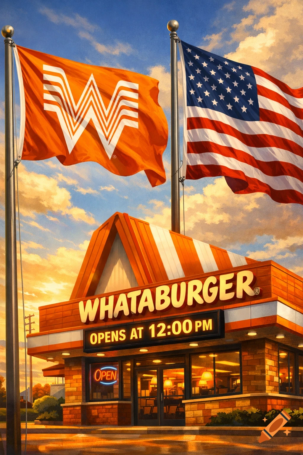 A digitally painted Whataburger restaurant with an American flag and a Whataburger flag flying above it at sunset.