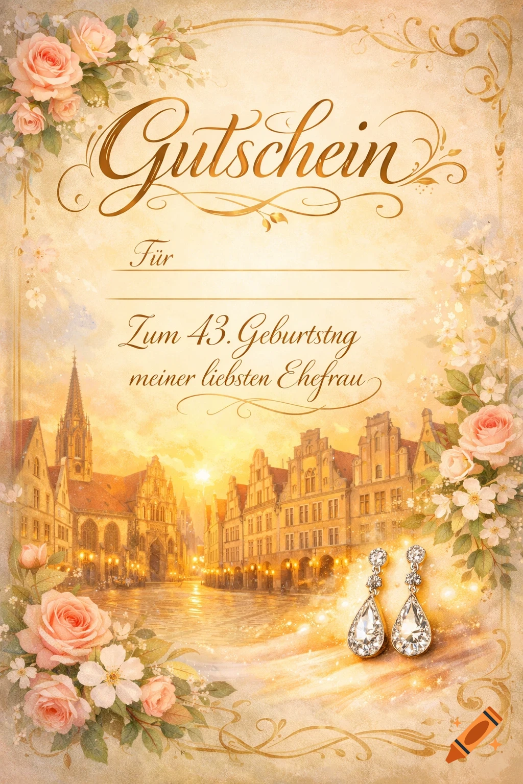 A vintage-style greeting card with pink roses and white flowers framing an old European city at sunset and diamond earrings, featuring German text.