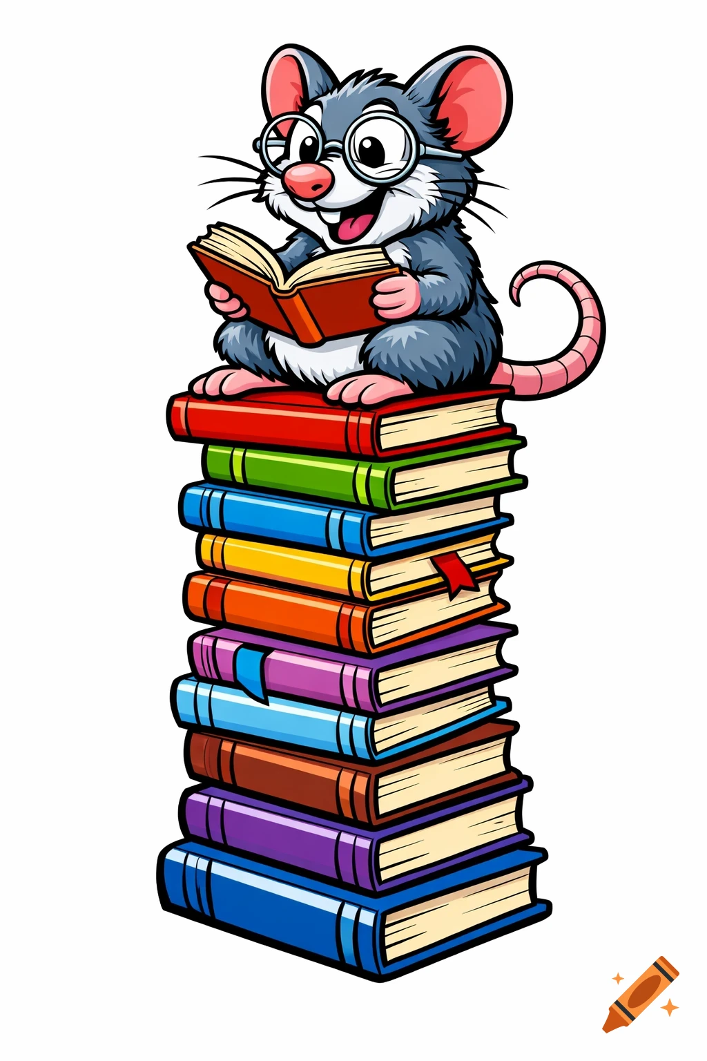 A smiling cartoon rat with glasses sits atop a tall stack of colorful books, reading a red book.