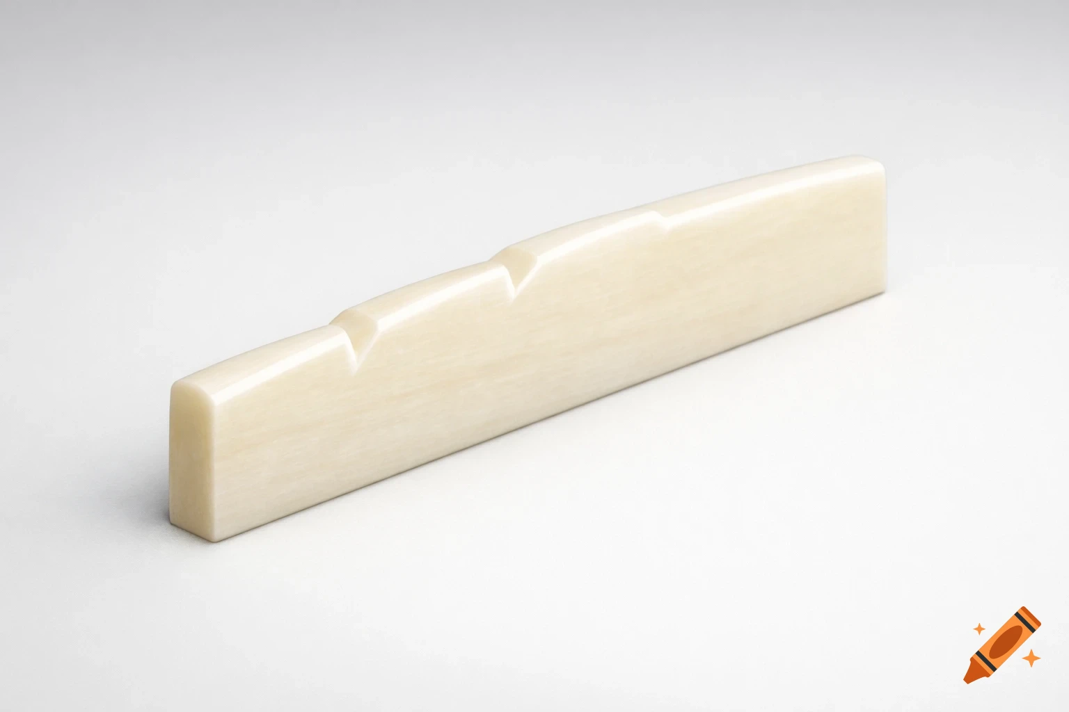 A close-up of a cream-colored acoustic guitar saddle, featuring compensation bevels, against a white background.