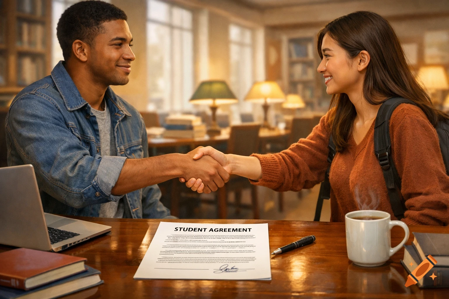 Two students shaking hands over a 'STUDENT AGREEMENT' document on a table in a library setting, with a laptop, books, and coffee mug.