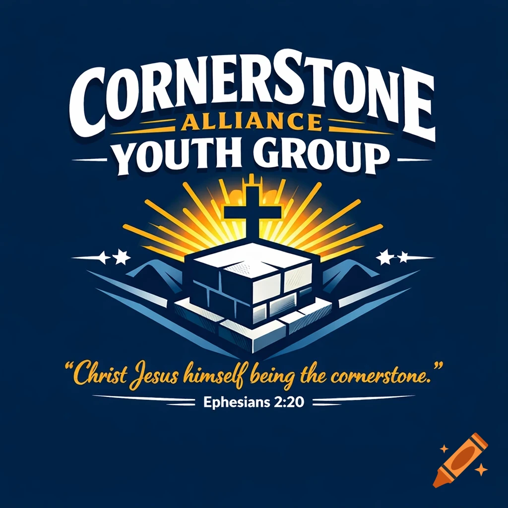 Logo for Cornerstone Alliance Youth Group featuring a cross on a stone block with sun rays, mountains, and scripture text.