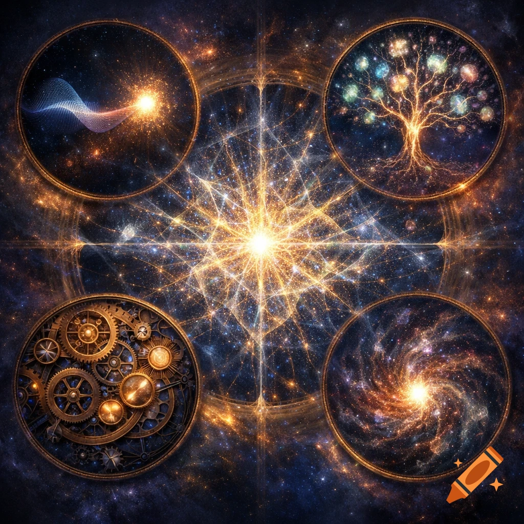 A vibrant cosmic image with a central starburst surrounded by four circular insets: a wave, a tree of life, gears, and a galaxy.