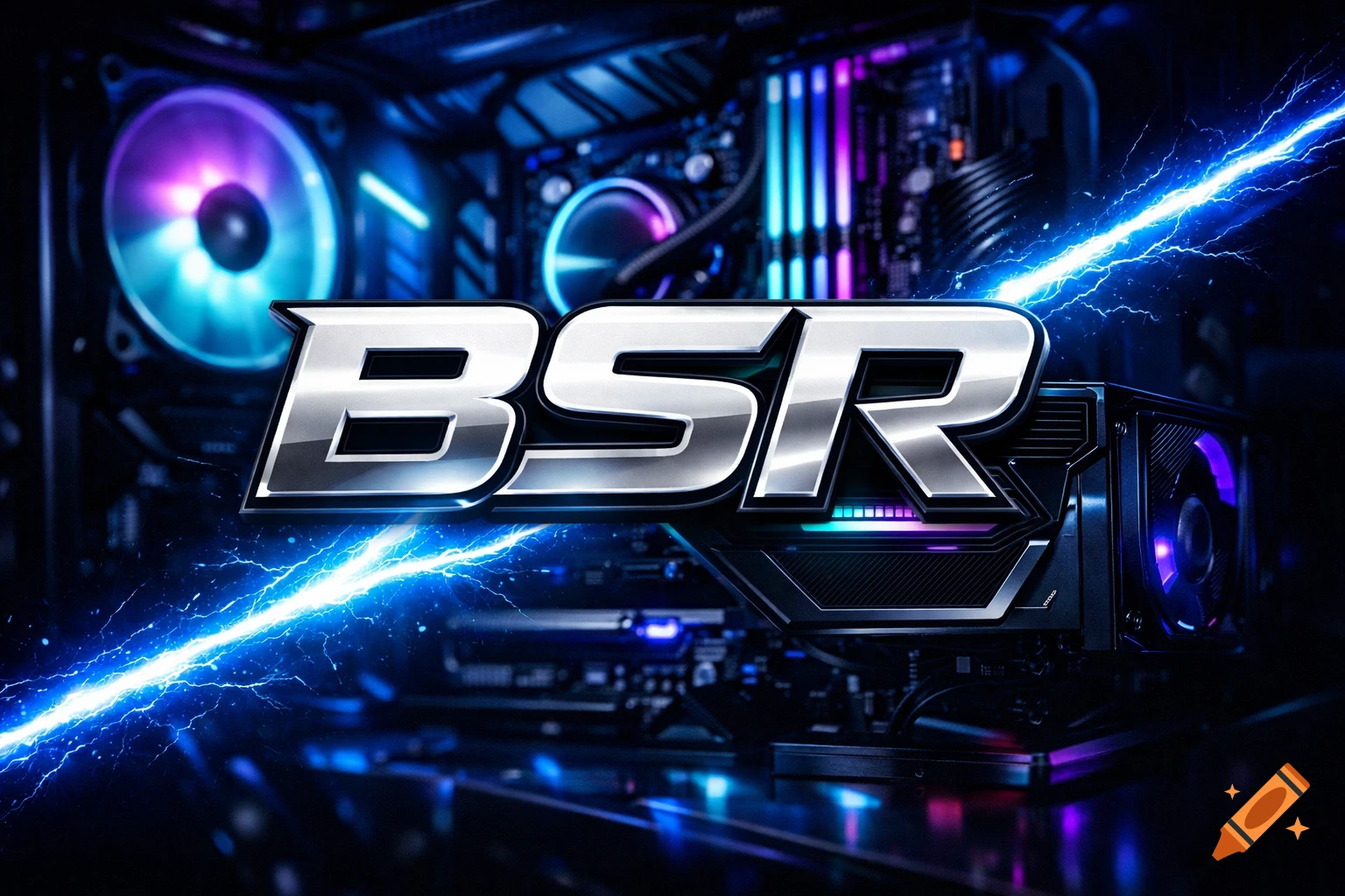 Metallic 'BSR' logo with a blue lightning strike over a dark gaming PC setup with glowing RGB fans.