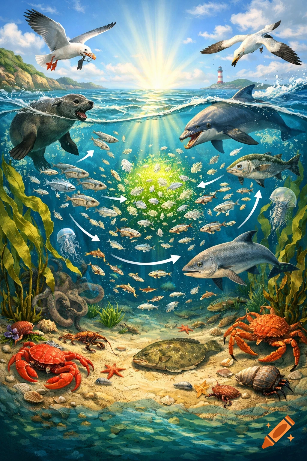 Detailed illustration of a marine food chain in an ocean ecosystem, featuring seals, dolphins, gulls, fish, crabs, and jellyfish.