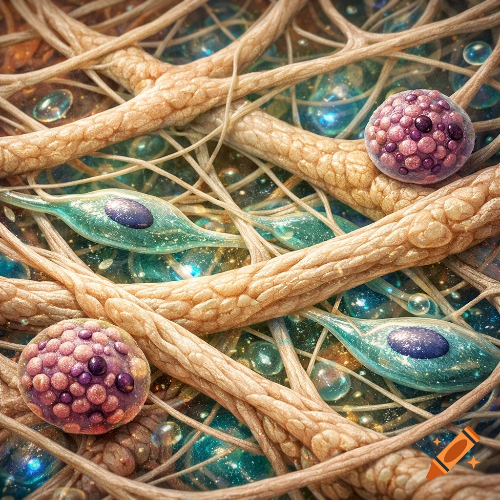 Close-up microscopic view of a reticulating dermis with intertwining fibers, purple spherical cells, and teal elongated cells.