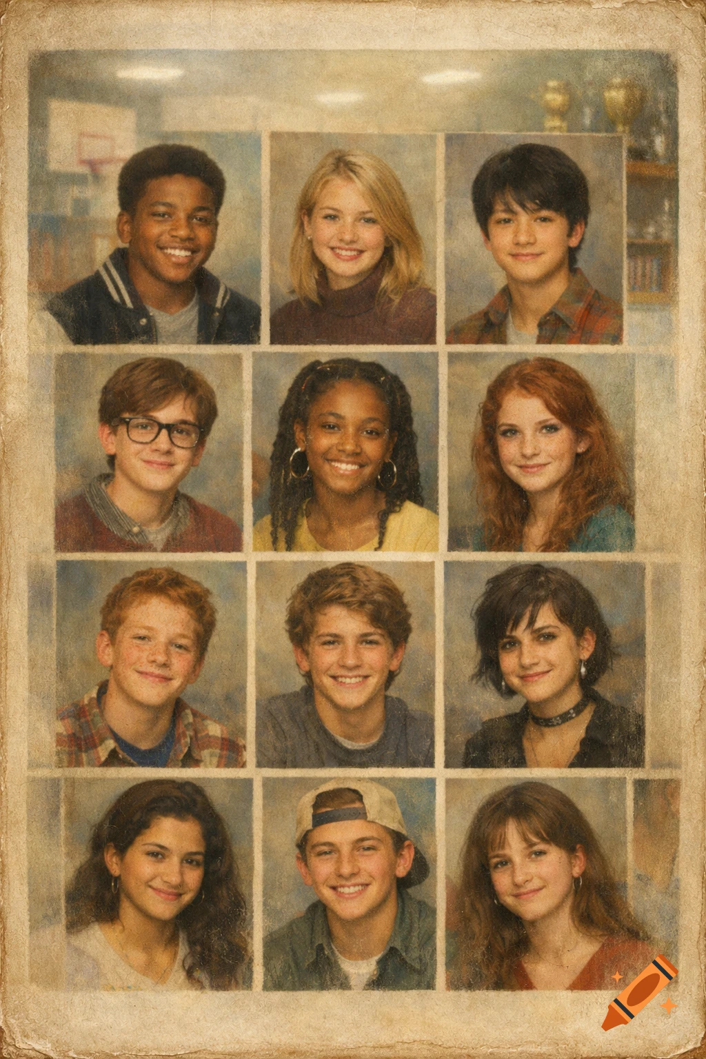 A grid of smiling diverse young students in individual headshots, styled like an old school yearbook photo composite.