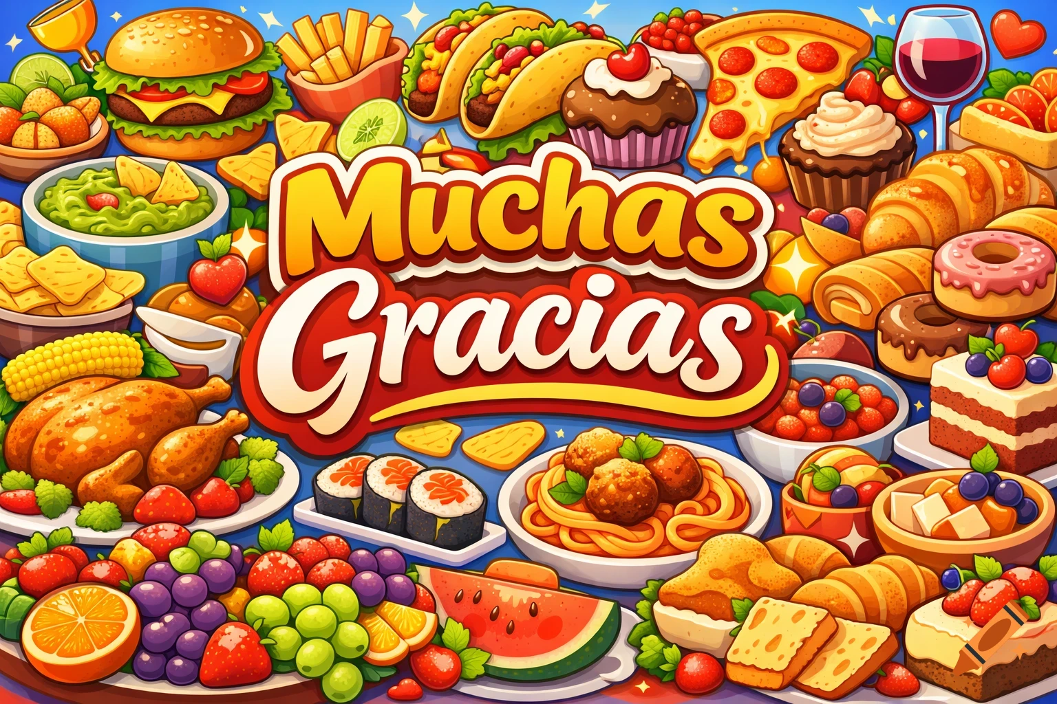 A vibrant cartoon illustration of a large spread of various foods, including burgers, tacos, pizza, fruits, and desserts, with 'Muchas Gracias' in the center.