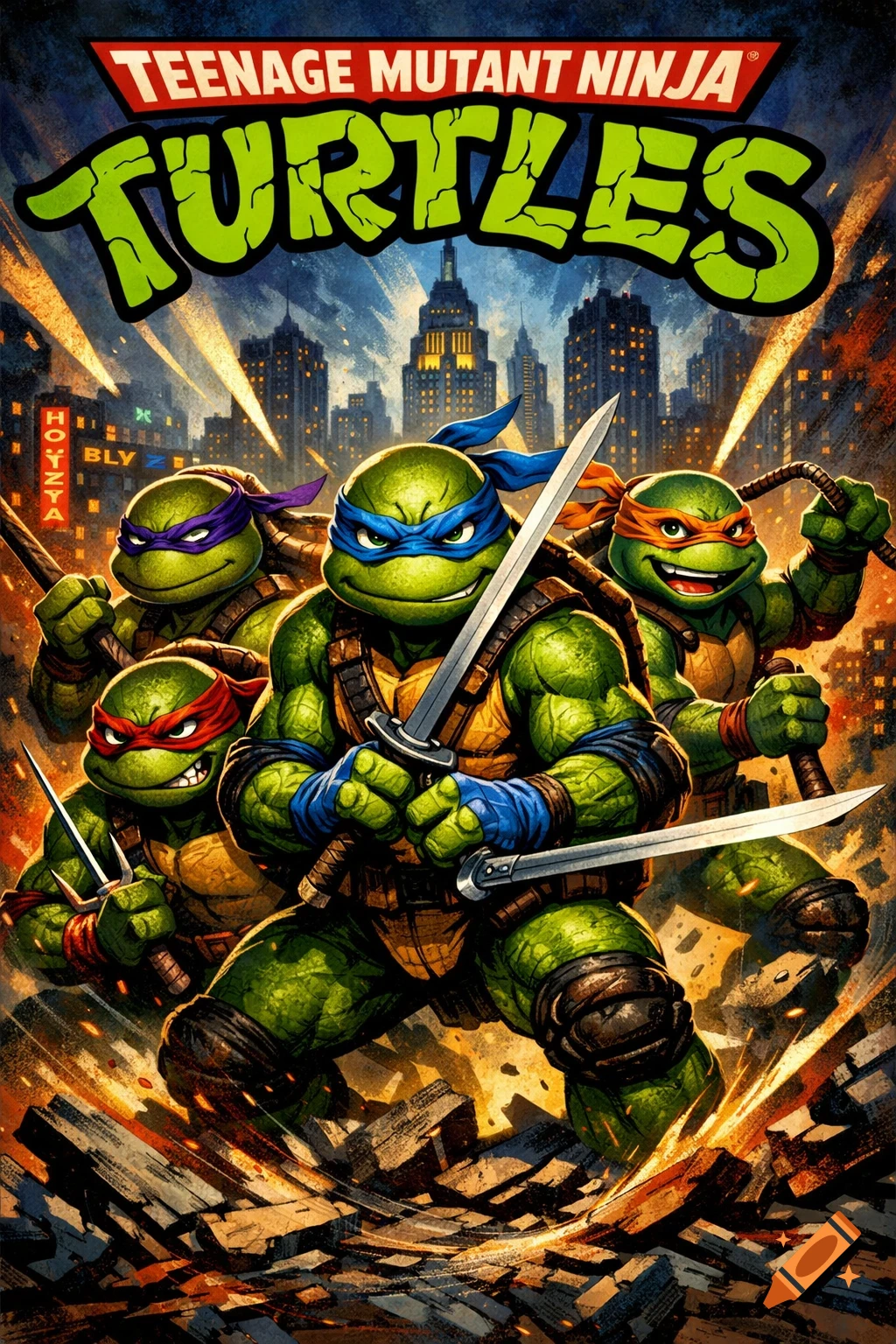 A vibrant comic book cover features the four Teenage Mutant Ninja Turtles in action poses against a nighttime city skyline, ready for battle.