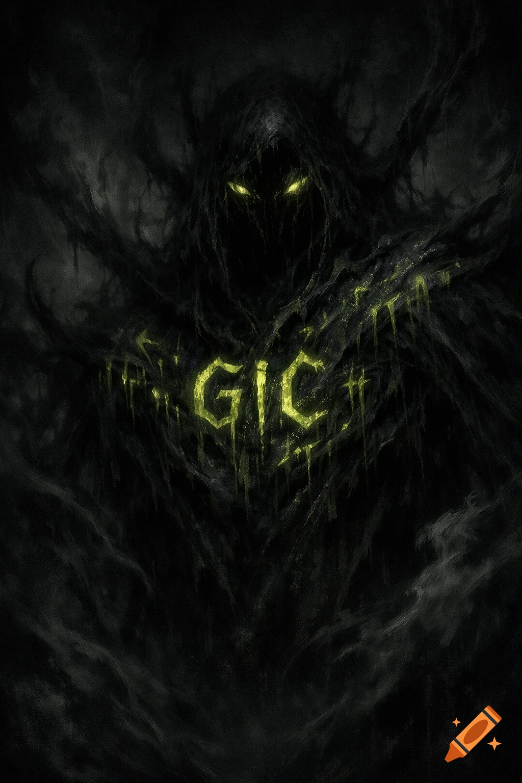 A dark, hooded figure with glowing green eyes and 'GIC' on its chest, in a creepy, shadowy, dark fantasy style.