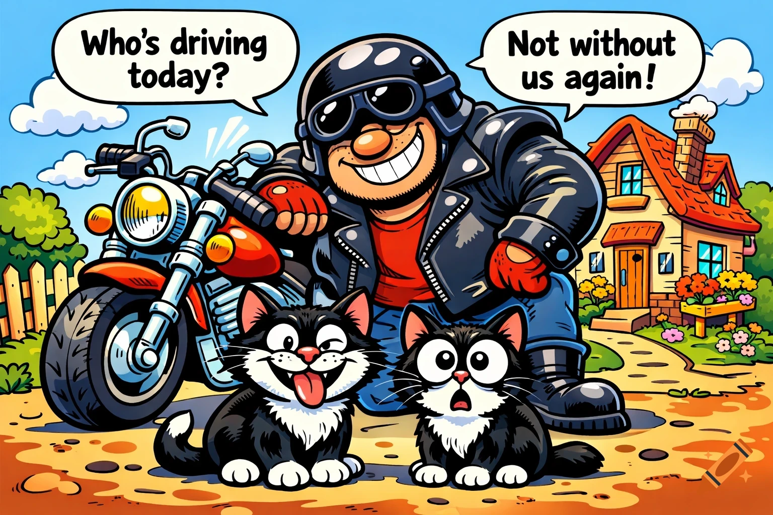 A cheerful cartoon biker with a motorcycle stands with two cats, one grinning and one surprised. Speech bubbles read "Who's driving today?" and "Not without us again!".