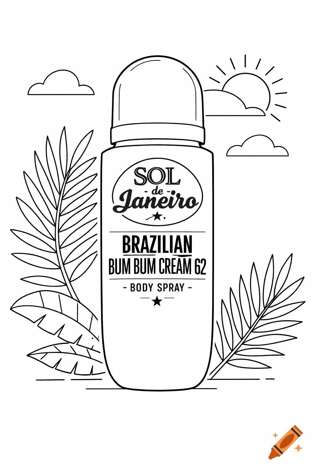 A black and white line drawing of a Sol de Janeiro body spray bottle with tropical leaves, clouds, and a sun, in a coloring page style.