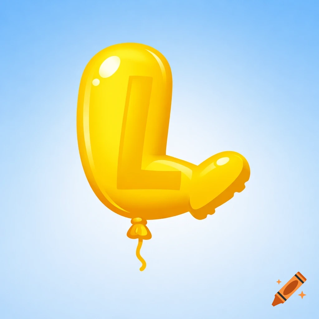 A bright yellow cartoon balloon shaped like the letter L, resembling a foot kicking, against a blue gradient background.