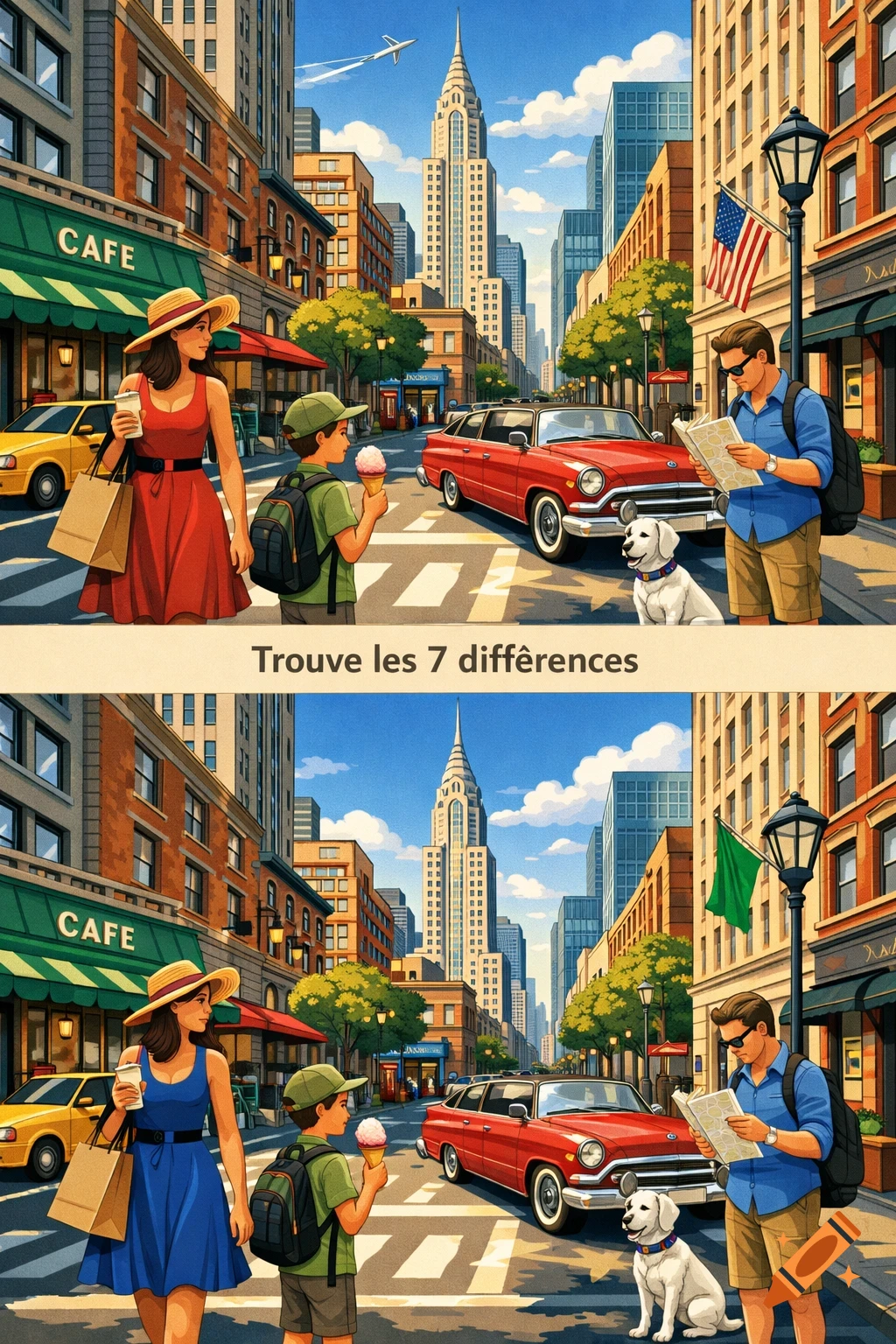 Cartoon spot the difference game: family on a sunny city street with tall buildings, a red car, and a cafe.