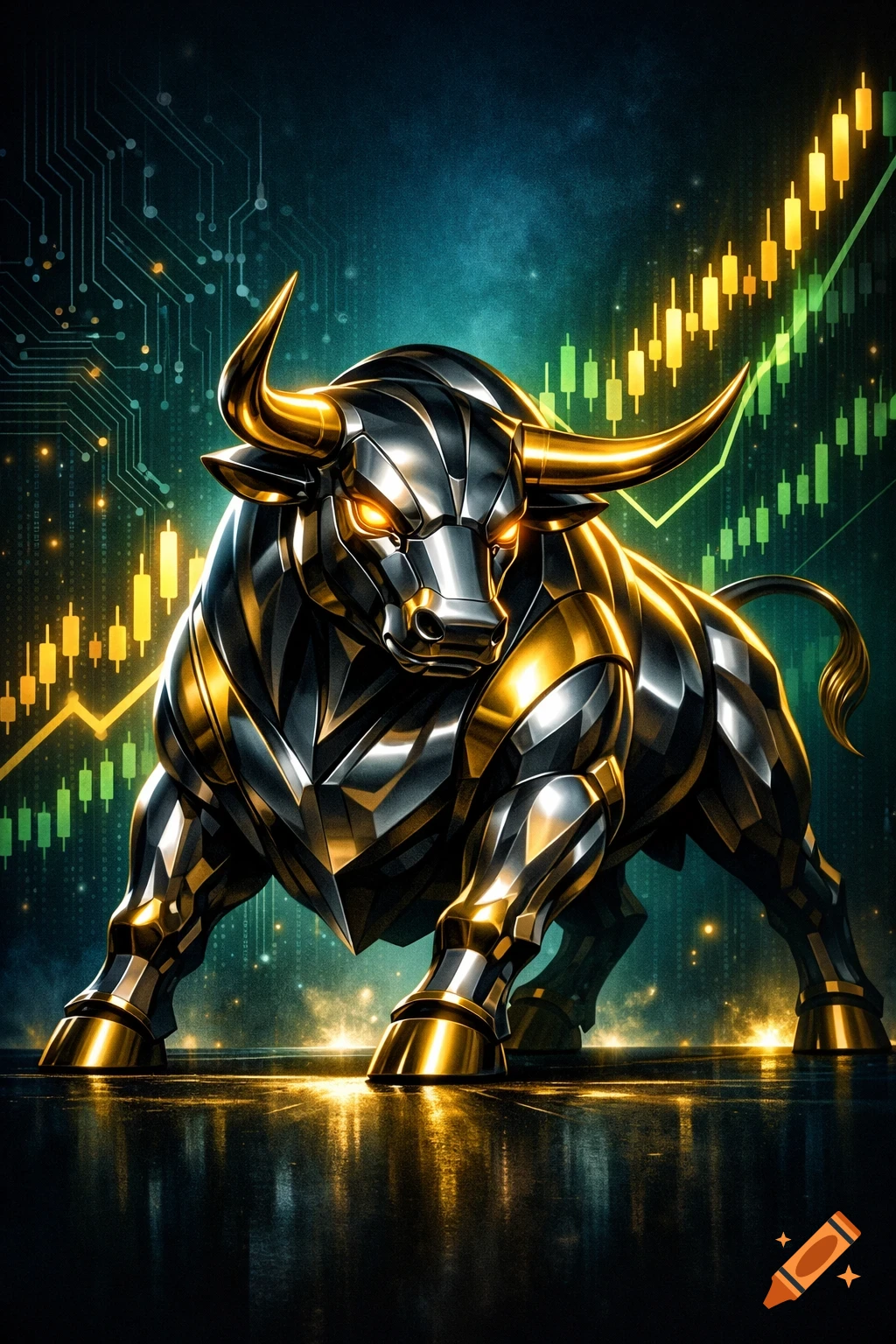 A powerful, stylized metallic bull with golden accents and glowing orange eyes stands before a dark, reflective surface, set against a background of glowing circuit board patterns and rising green and yellow stock market charts.