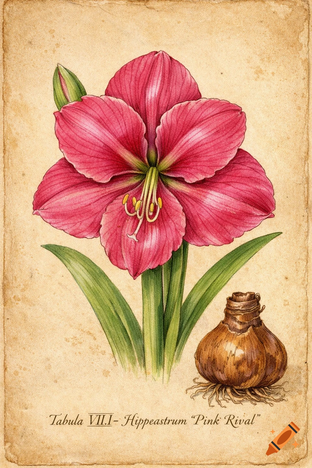 Vintage watercolor botanical illustration of a pink Hippeastrum flower with its bulb on aged paper.