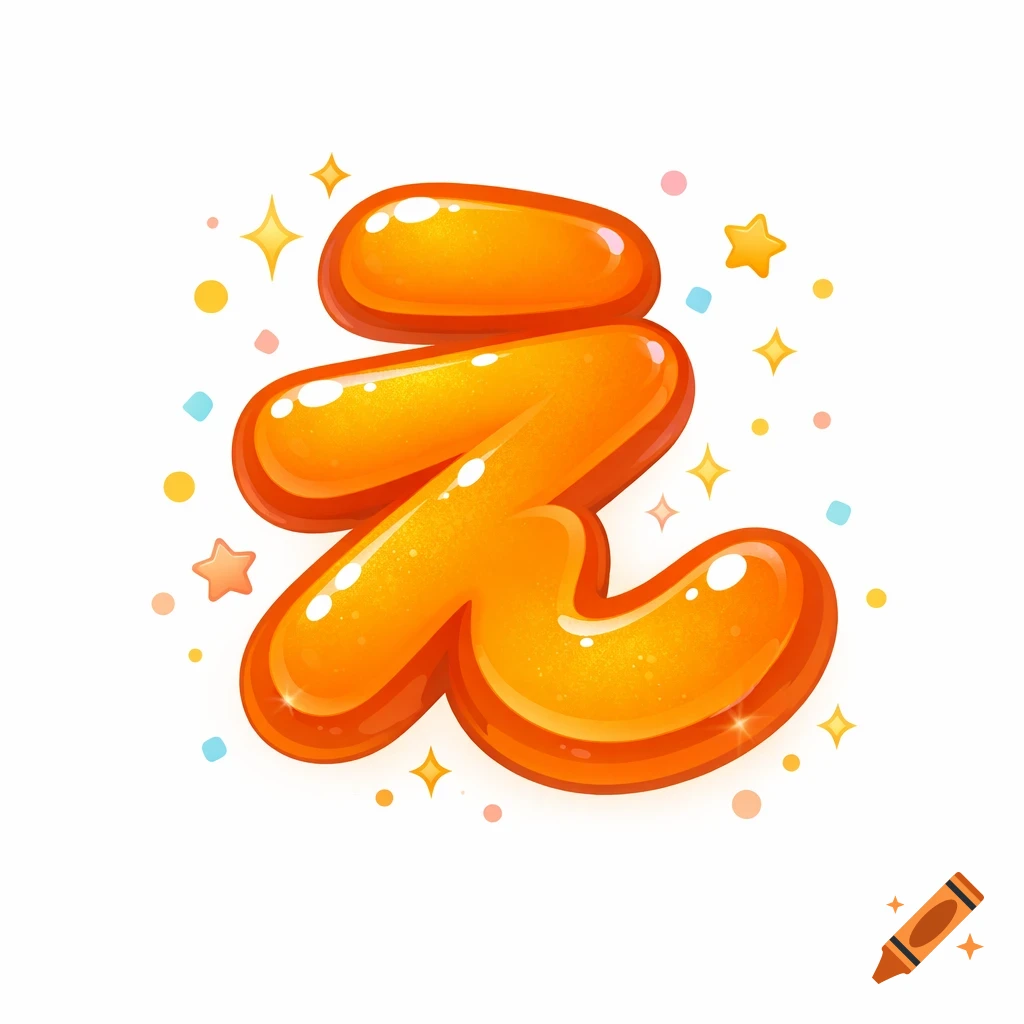 A bubbly, glossy orange Hiragana 'e' character with sparkling highlights, surrounded by colorful confetti and stars on a white background.