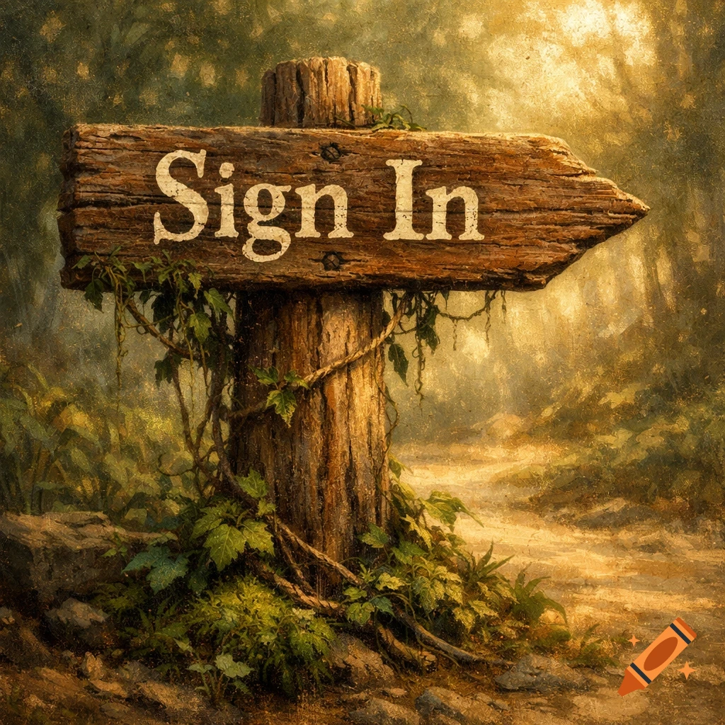 An old wooden sign reading 'Sign In' in a sunlit, overgrown forest, pointing down a dirt path.