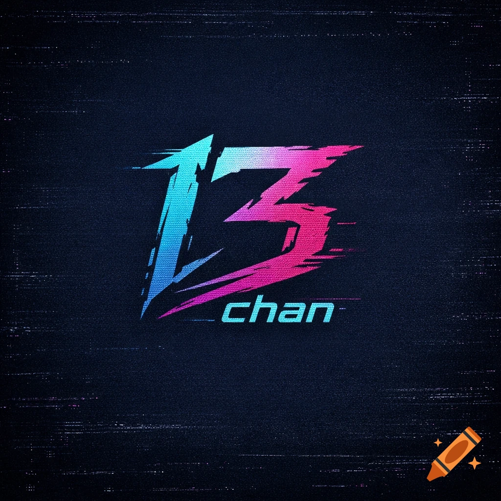 Stylized 13chan logo with blue and pink gradient, featuring a glitch effect on a dark, textured background.