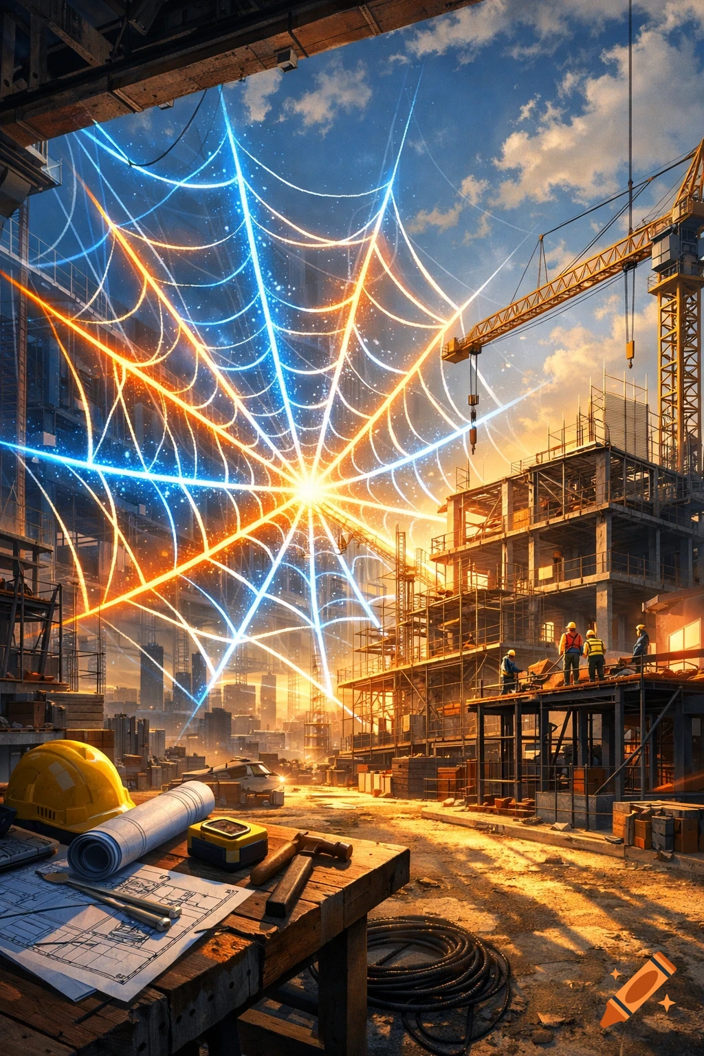 A vibrant construction site at sunset with glowing blue and orange spiderweb-like energy lines spanning the sky over a city.
